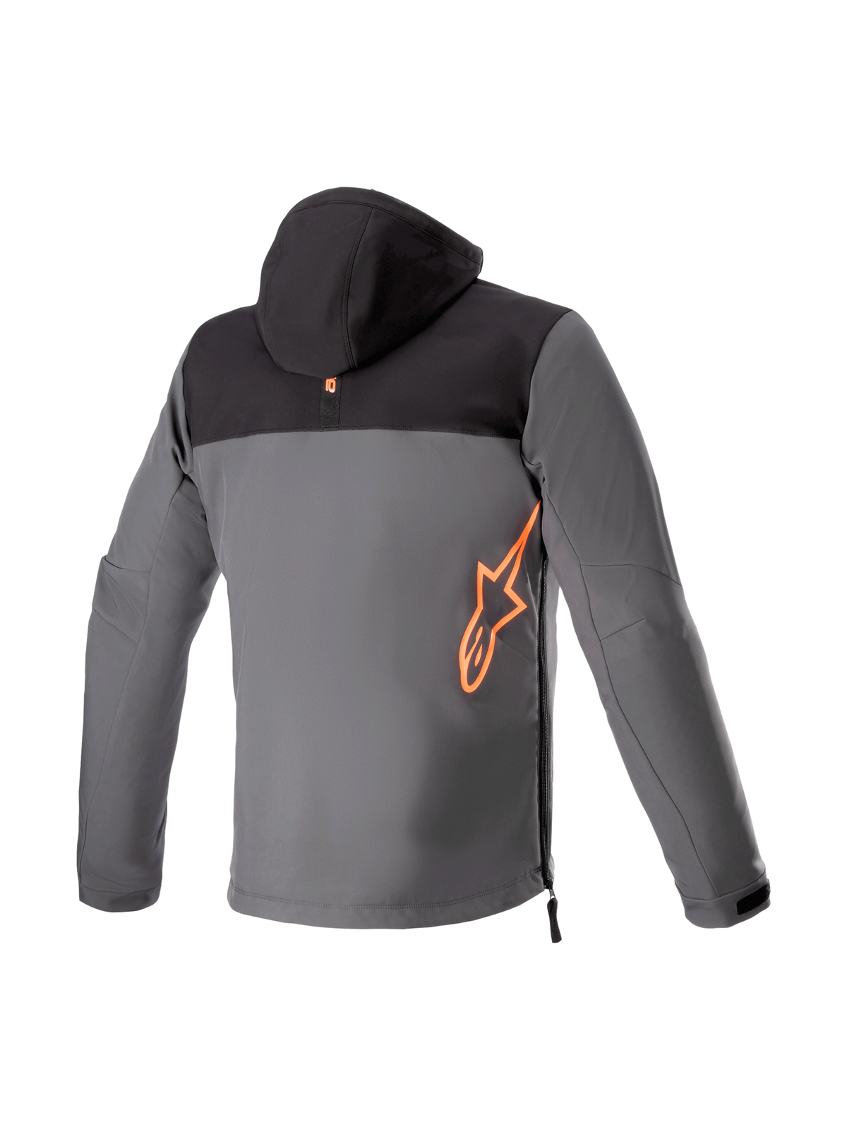Alpinestars Sherpa hættetrøje, herre-motorcykeljakke i sort og grå softshell med rød fluo logo, set bagfra, Tech-Air Ready.