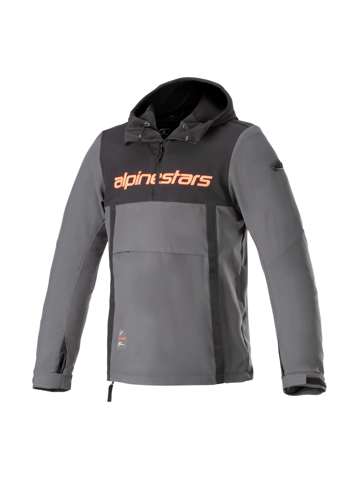 Alpinestars Sherpa Hættetrøje, grå og sort motorcykelanorak i vindtæt softshell med rødt logo til urban kørsel.