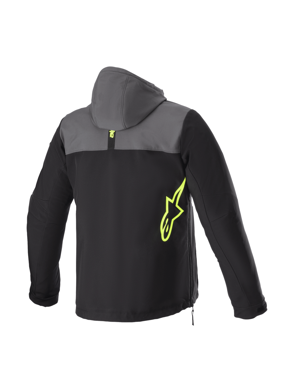 Alpinestars Sherpa hættetrøje, urban motorcykeljakke til mænd, sort og tjæregrå softshell set bagfra med gult fluo-logo, beskyttende beklædning til bykørsel.