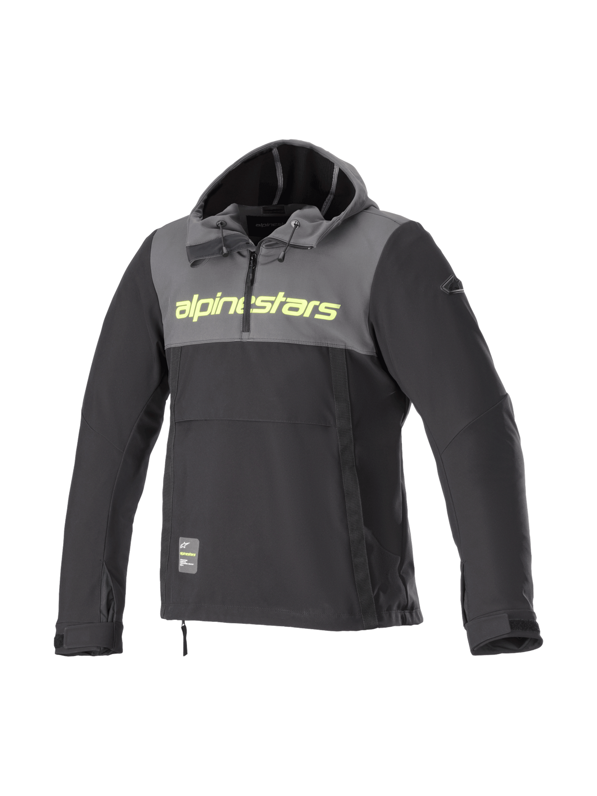 Alpinestars Sherpa Hættetrøje, vindtæt urban motorcykeljakke til herrer, grå og sort, softshell med gult fluo-logo.