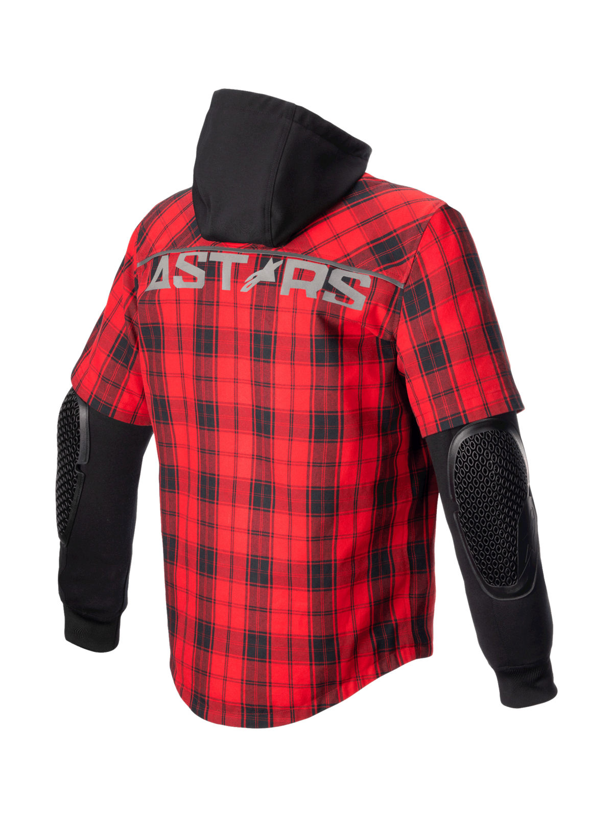 Alpinestars MO.ST.EQ Tartan skjorte, urban herremotorcykeljakke, rød og sort, med synlig albuebeskyttelse, fastgjort hætte og ASTARS-logo på ryggen