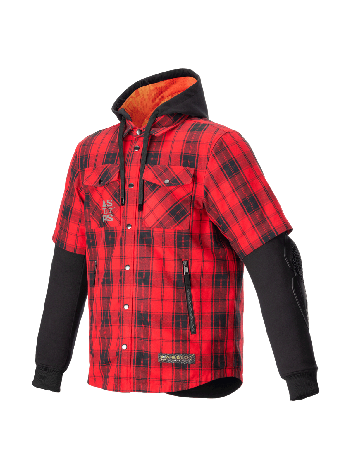 Alpinestars MO.ST.EQ Tartan skjorte, urban motorcykeljakke til herrer, rød og sort, ternet tekstil med integreret hætte og CE-certificeret beskyttelse.