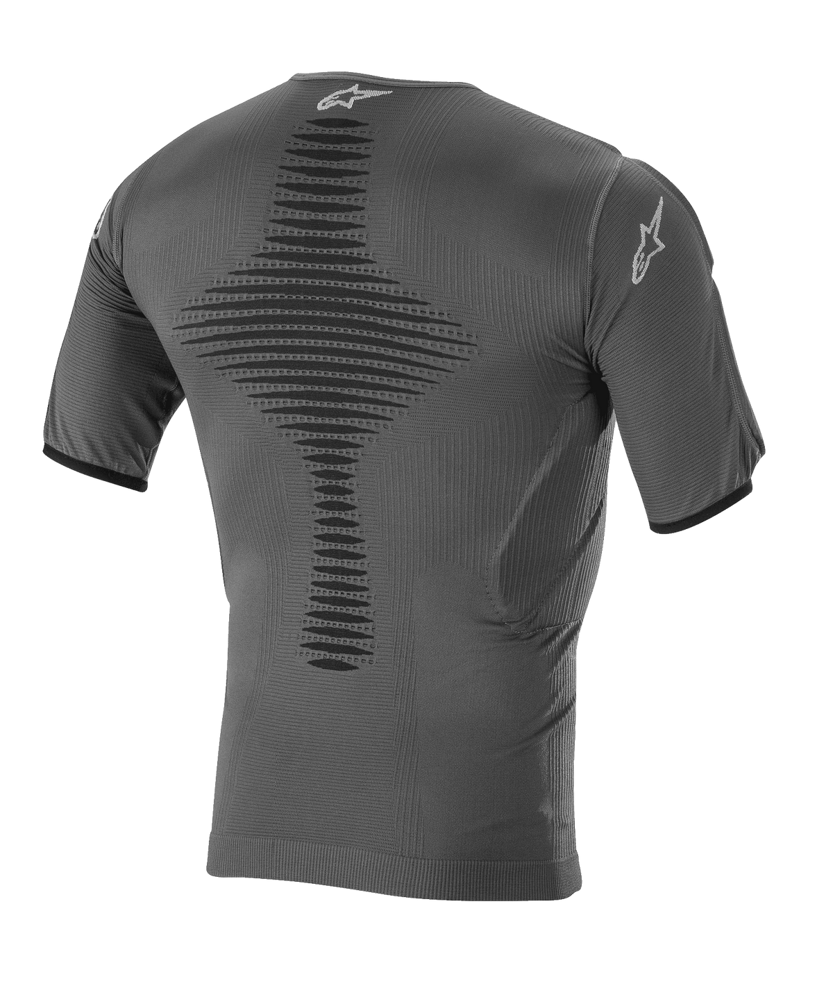 Alpinestars Roost basislag top, motocross-basislag, antracit-sort, set bagfra med strikket åndbar konstruktion, tekstureret central ventilationszone, korte ærmer og Alpinestars stjernelogo på kraven og ærmet
