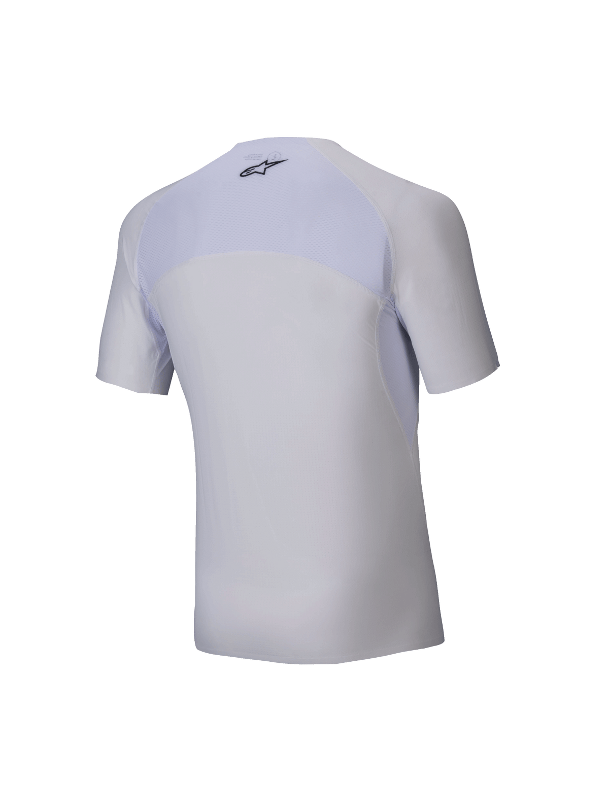 Alpinestars Tech KX Sim Top - kortærmet, hvidt karting-basislag, set bagfra, åndbart mesh-panel på den øverste del af ryggen, sort Alpinestars-logo i nakken, ergonomisk strækmateriale til racerpræstation