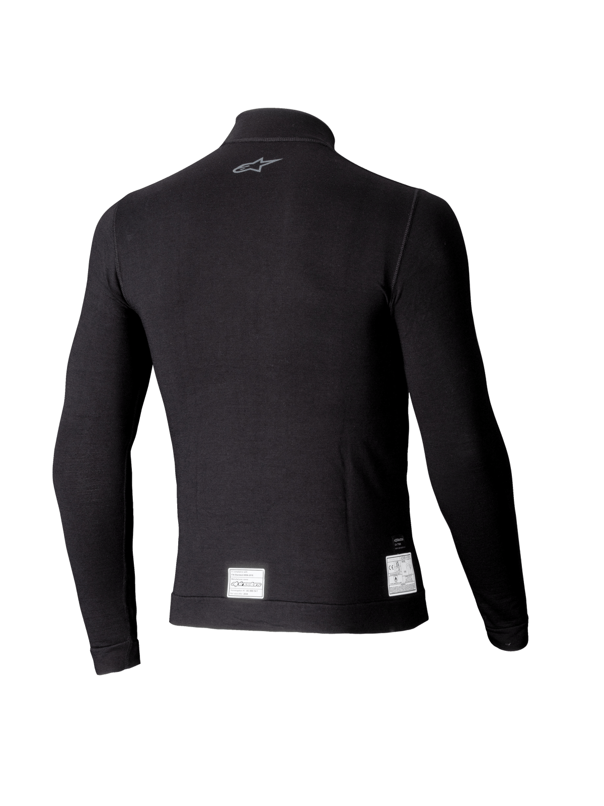 Alpinestars ZX Evo V3 langærmet top, sort auto racing baselayer, set bagfra med et lille gråt logo i nakken og hvide FIA/SFI-certificeringsmærkater ved den nederste kant, letvægts flammehæmmende design