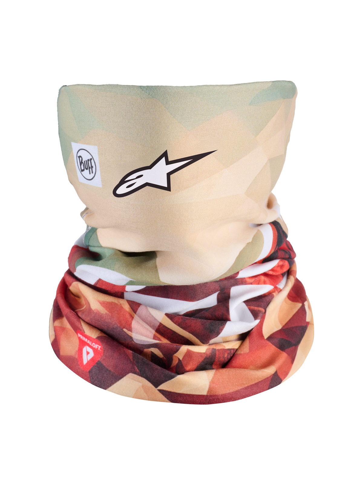 Alpinestars Buff Peaks Primaloft Neck Tube, brun og rød halsedisse til koldt vejr med PrimaLoft-isolering og seamless 4-vejs stretch