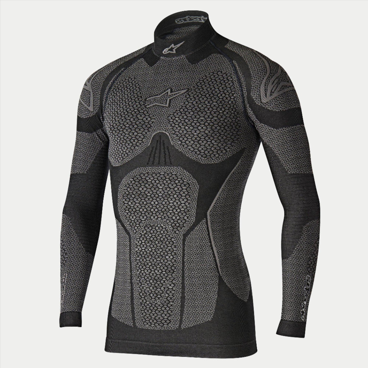 Alpinestars Ride Tech Top Long Sleeve Winter, motorcykel basislag, sort og grå, teknisk langærmet top med bikubestrukturerede paneler med dobbelt tæthed, kompressionspasform, høj hals med hvidt Alpinestars-logo, teknisk termoundertøj til koldt vejr