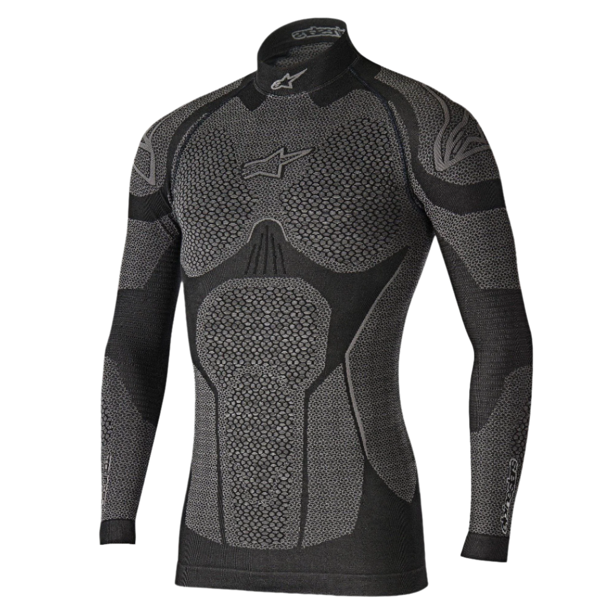 Alpinestars Ride Tech Top Long Sleeve Winter, teknisk basislag, sort og grå, med bikageformede teksturpaneler, halvhøj hals og kompressionspasform til motorcykelkørsel i koldt vejr