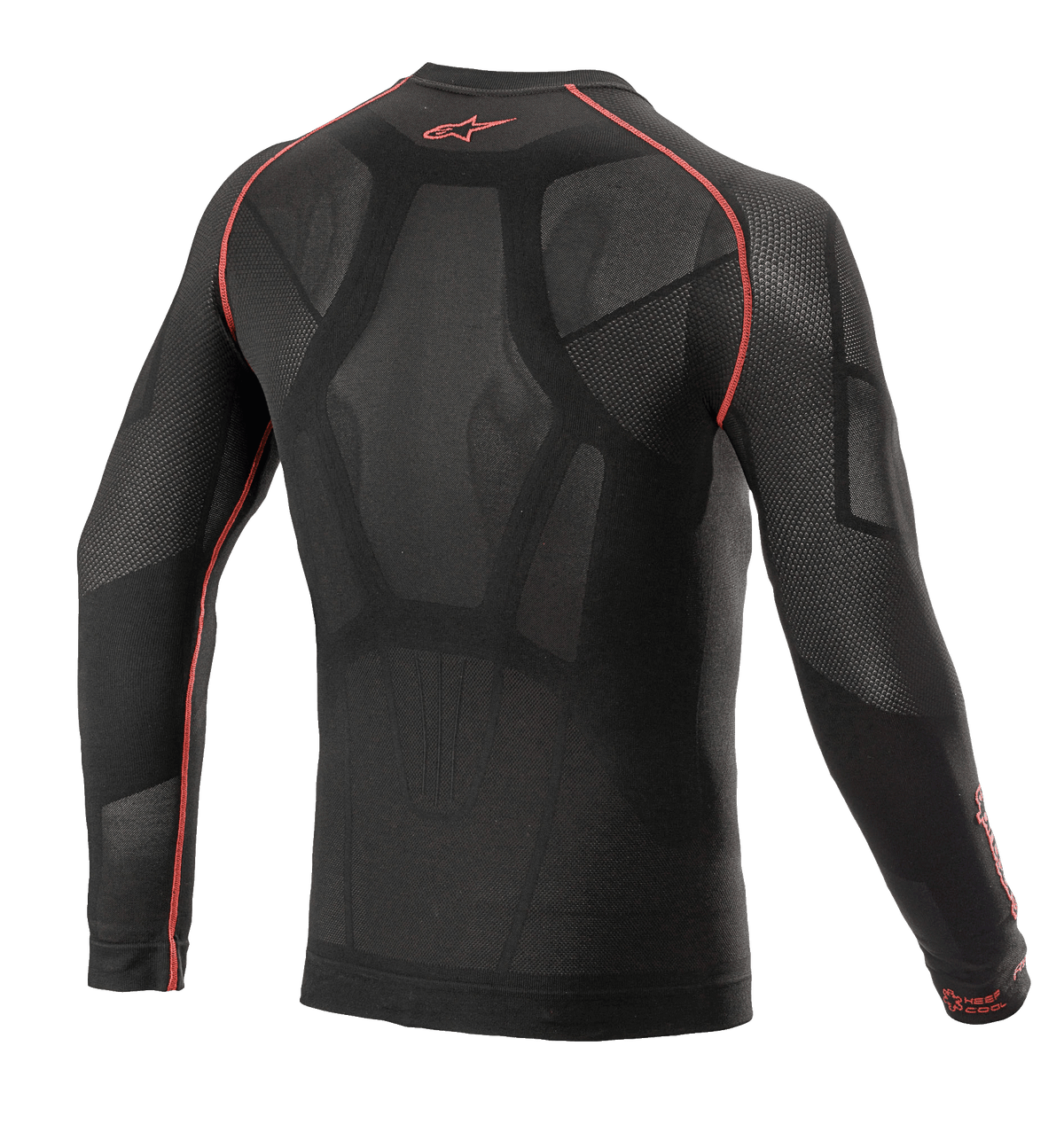 Alpinestars Ride Tech V2 Langærmet Top Summer, motorcykel-baselayer, sort og rød, set bagfra med kropskortlagt konstruktion med åbne mesh-indsatser, røde flade sømme og rødt Alpinestars-logo på rygkraven, teknisk underlag til varmt vejr.