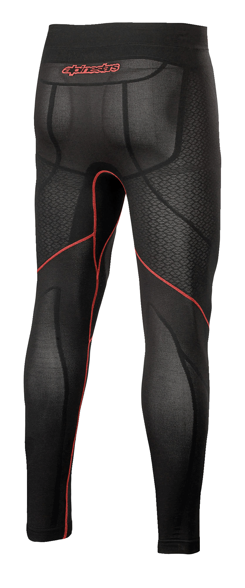 Alpinestars Ride Tech V2 Bottom Summer, motorcykel-base layer-bukser, sort og rød, set bagfra med røde kontrastsyninger, rødt Alpinestars-logo på linningen, åndbare mesh-teksturerede paneler til kørsel i varmt vejr