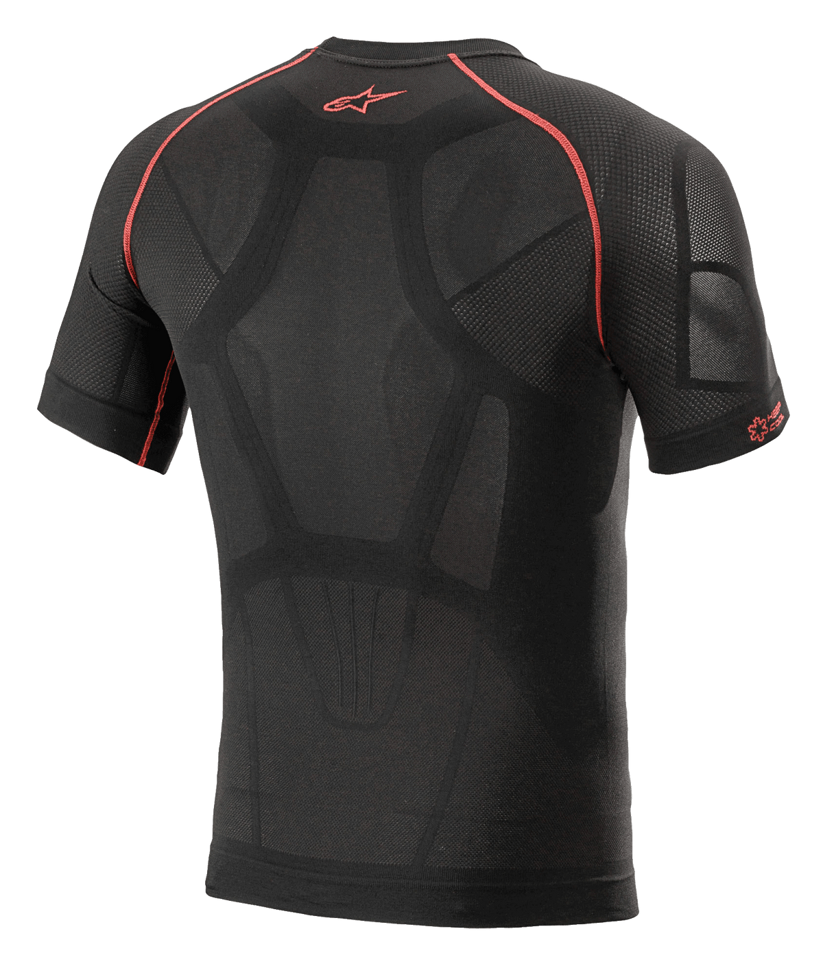 Alpinestars Ride Tech V2 Top Kortærmet Sommer, motorcykel baselayer, sort og rød, set bagfra med kropskortlagt konstruktion, mesh-ventilationspaneler, røde kontrastsyninger og rødt Astars-logo på øverste del af ryggen