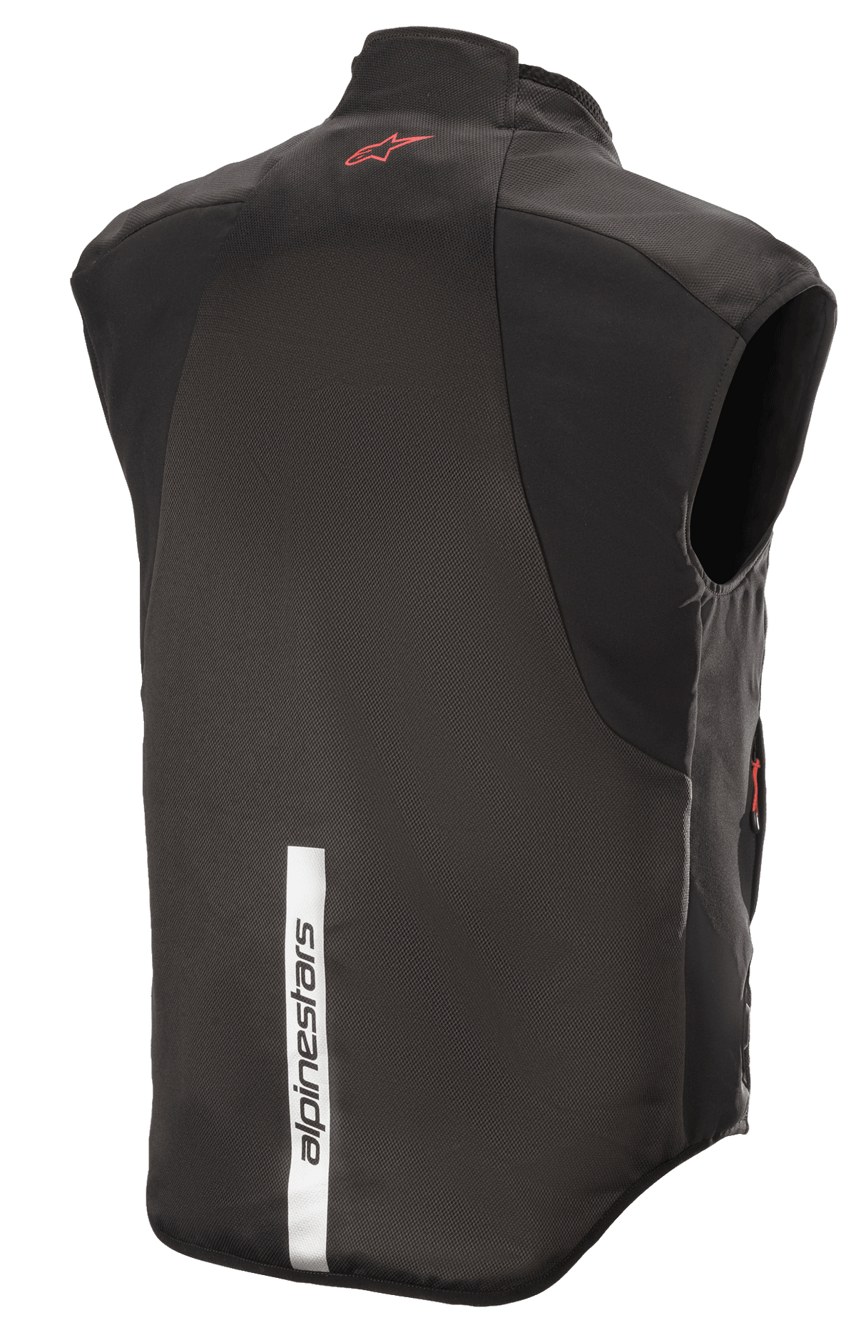 Alpinestars HT Heat Tech Vest, sort, set bagfra med rødt Astars-logo øverst på ryggen og en lodret hvid refleksstribe med Alpinestars-branding nederst, opvarmet underlag til motorcykel