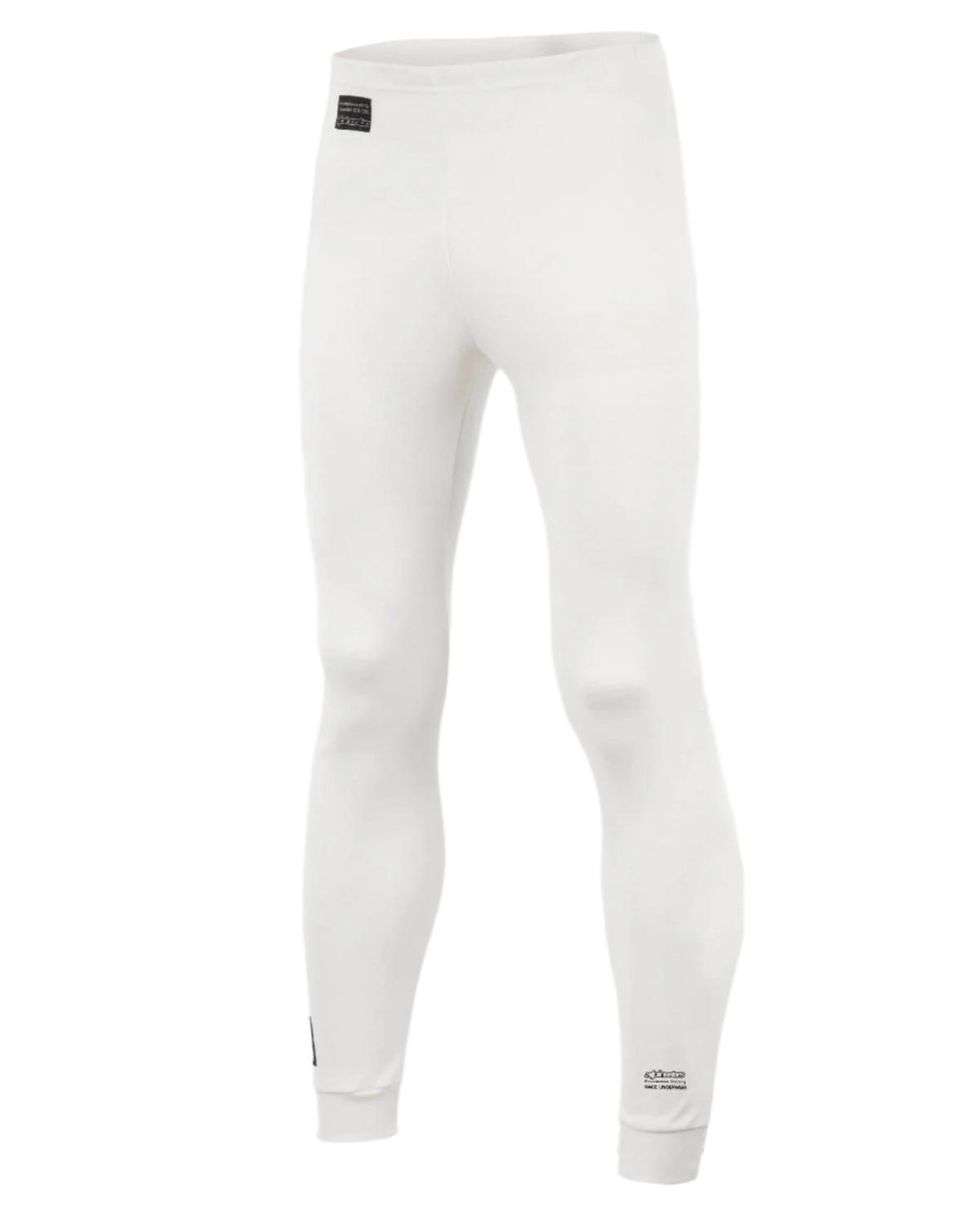 Alpinestars Race Underdel FIA, basislag-bukser til motorsport, hvid med sorte logomærker, letvægts og flammehæmmende tekstil, designet til brug under en køredragt