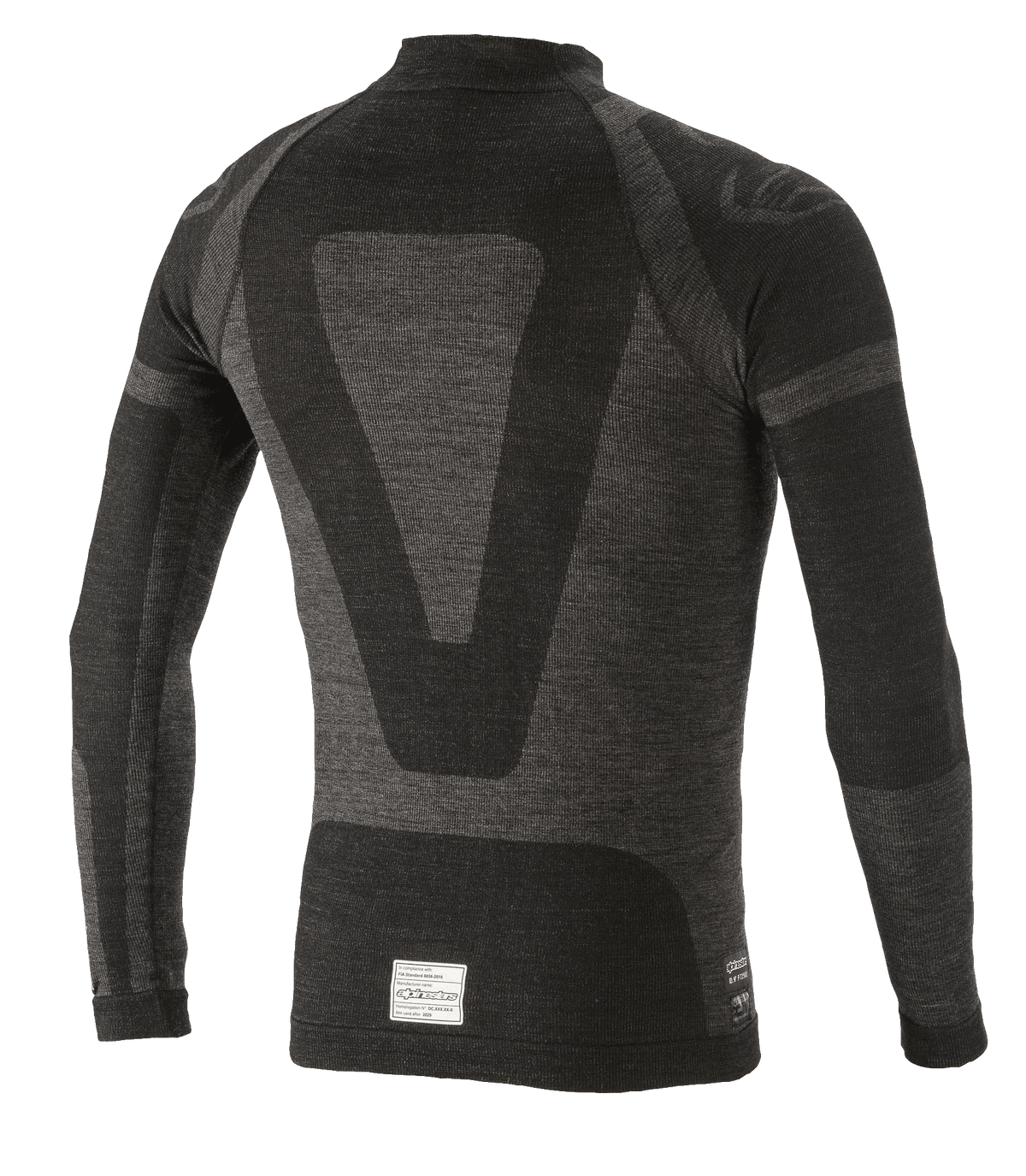 Alpinestars ZX Evo V2 Long Sleeve Top, Auto Racing Base Layer, Black and Gray, back view featuring a technical jacquard design, seamless tubular construction, and FIA/SFI certification tag at the hem