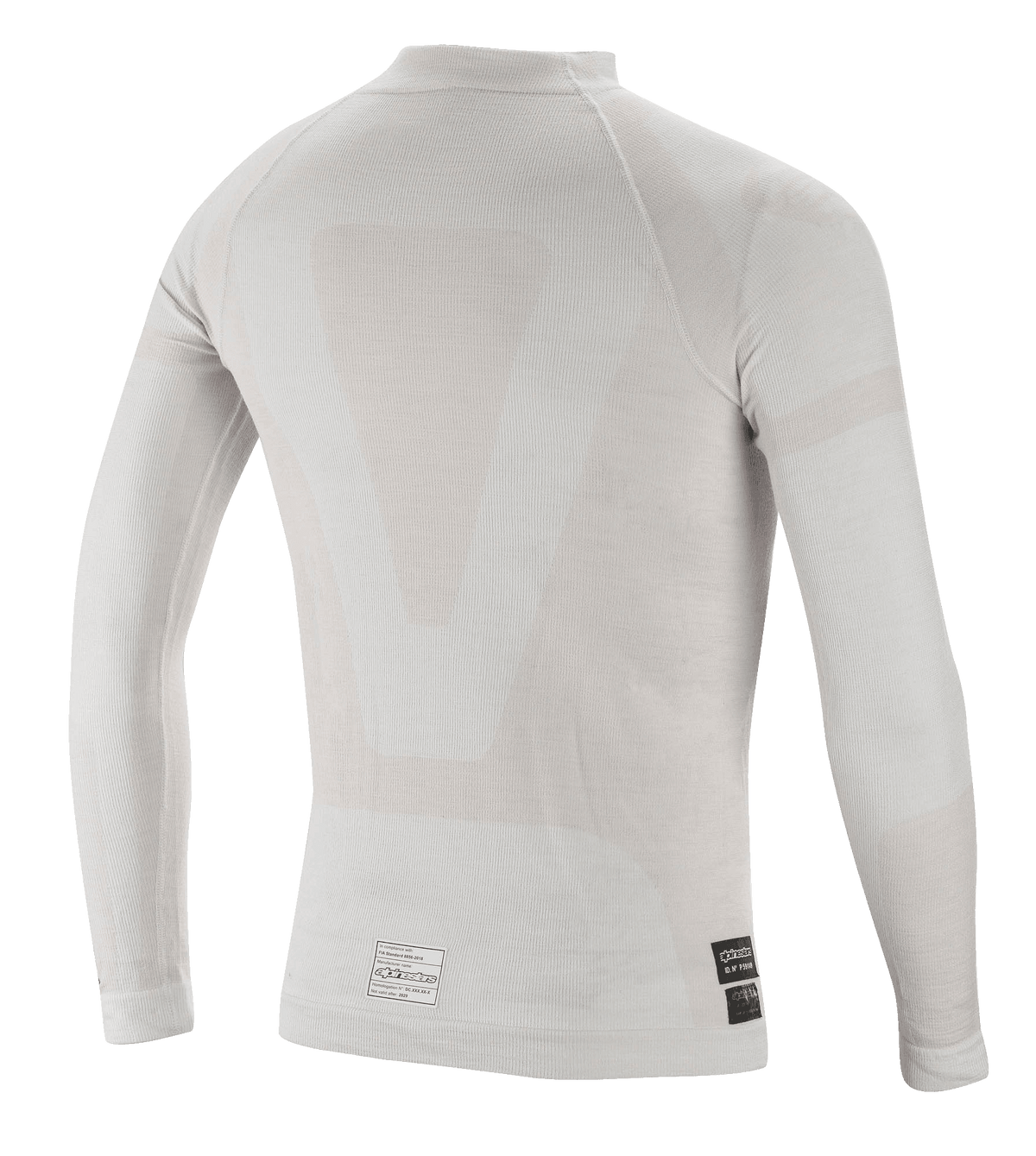 Alpinestars ZX Evo V2 langærmet top, baselayer til motorsport, hvid-grå, set bagfra med letvægts sømløs tubulær konstruktion og FIA-certificeringsmærkater ved den nederste kant