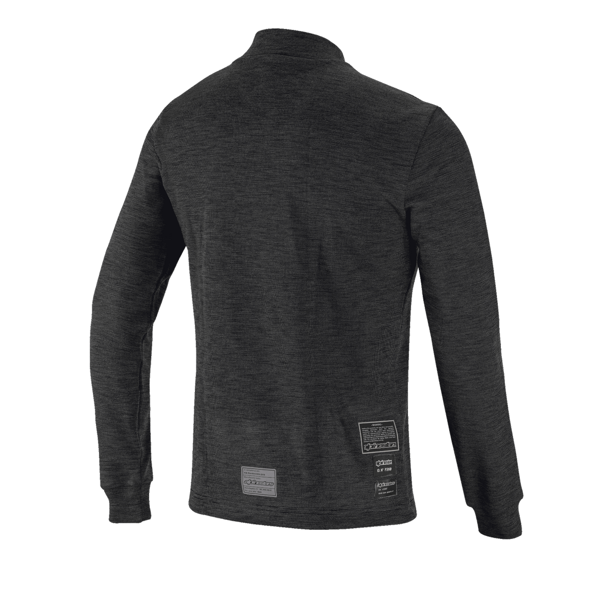 Alpinestars Race V3 langærmet top, set bagfra, sort flammehæmmende basislag, tekstureret strikdesign, lange ærmer med ribbede manchetter, FIA-homologeringsmærkater på den nederste del af ryggen.
