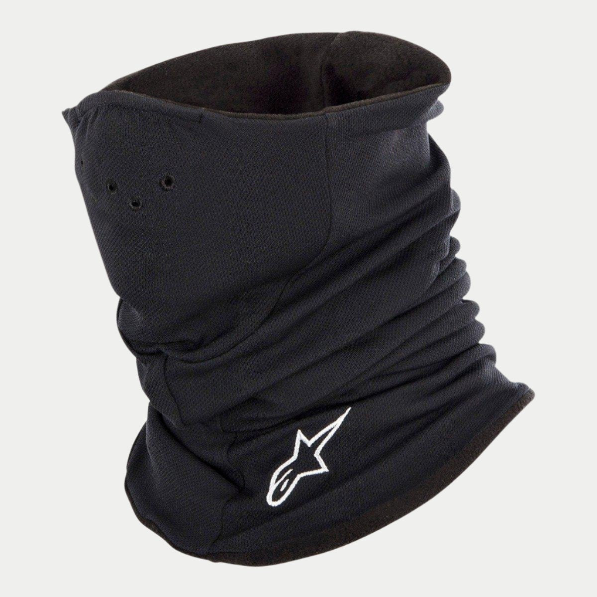 Alpinestars Tech Halsedisse, sort, motorcykel halsedisse med fleece-foring, hvidt broderet Alpinestars-logo, små lufthuller for åndbarhed og elastisk konstruktion til vindbeskyttelse