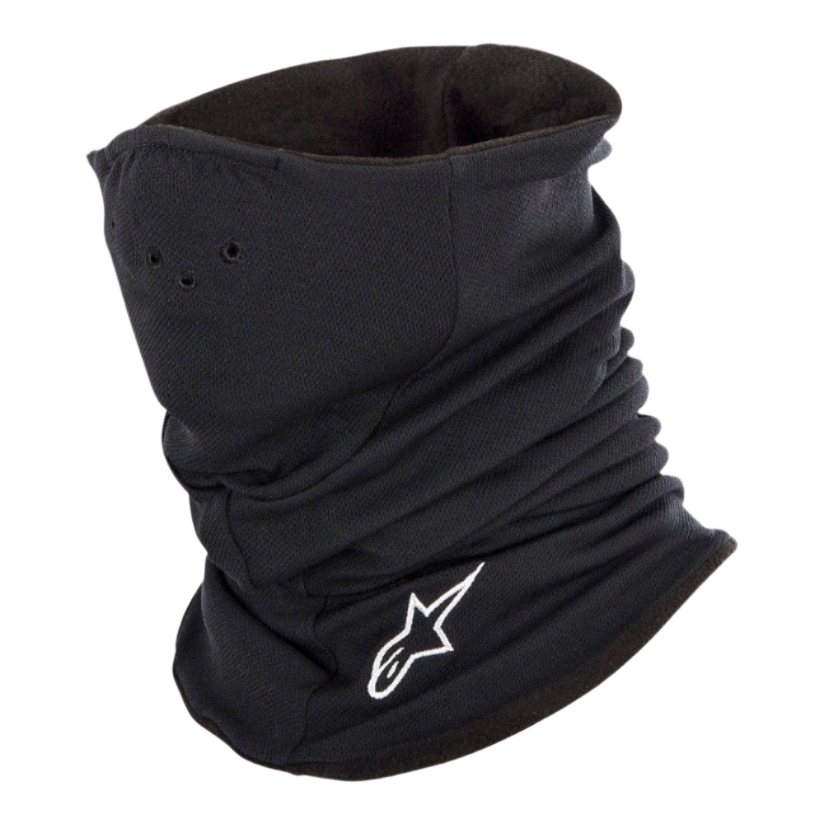 Alpinestars Tech Neck Warmer i sort, motorcykel-halsedisse med hvidt broderet logo, perforerede lufthuller og dobbeltlags fleece-foring for termisk beskyttelse og modstand mod vindafkøling.