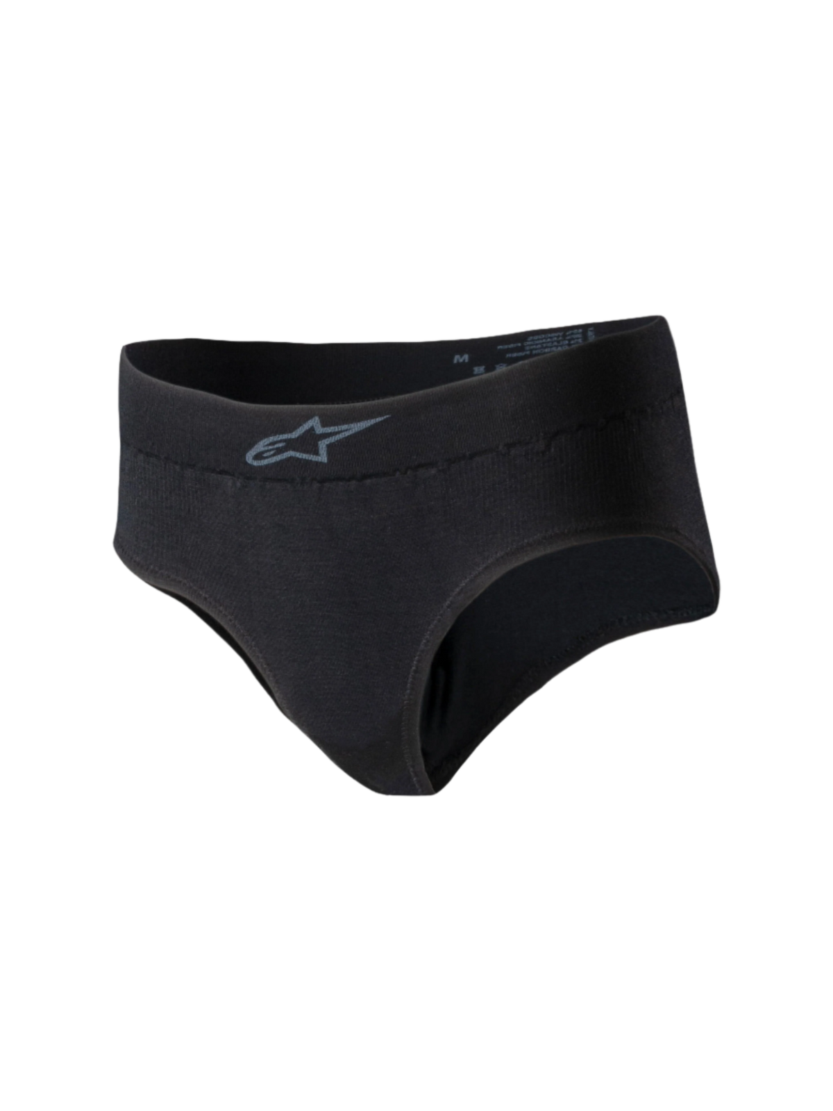 Alpinestars Stella TECH ZX Briefs, Women's Racing Underwear, Black, featuring a small gray Alpinestars logo on the waistband, lightweight flame-resistant knit material, FIA 8856-2018 certified base layer