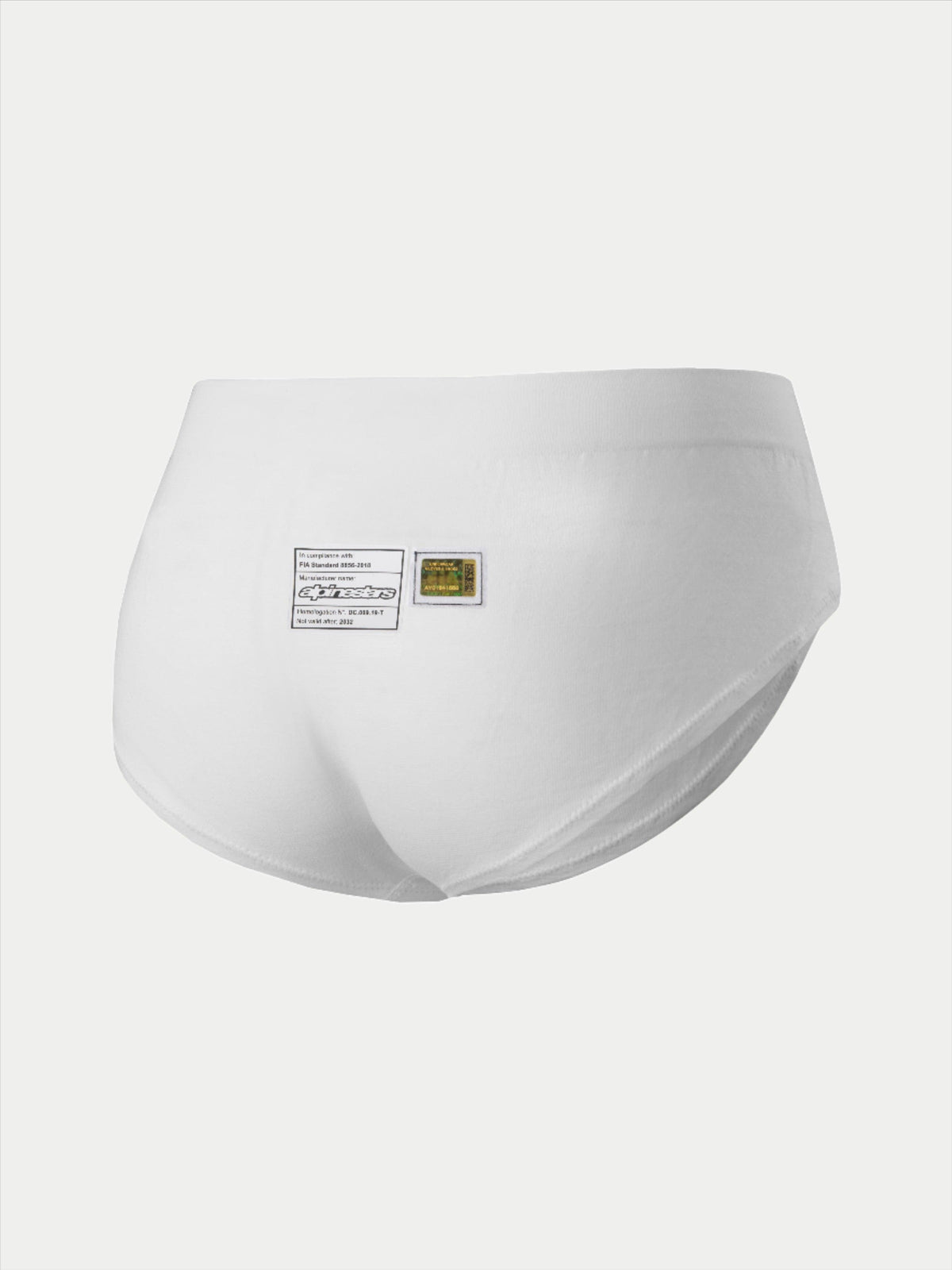 Alpinestars Stella TECH ZX Briefs, racing-undertøj til damer, hvid, set bagfra med FIA 8856-2018-certificeringsmærkater og Alpinestars-branding, let og flammehæmmende baselayer til motorsport