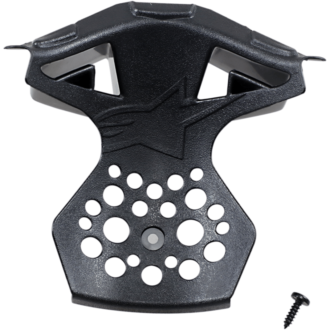 Alpinestars Supertech M10/M8 hjelm hageventilationsramme, sort reservedel med stjernelogo, tekstureret plastikkonstruktion med ventilationshuller, inkluderer monteringsskrue