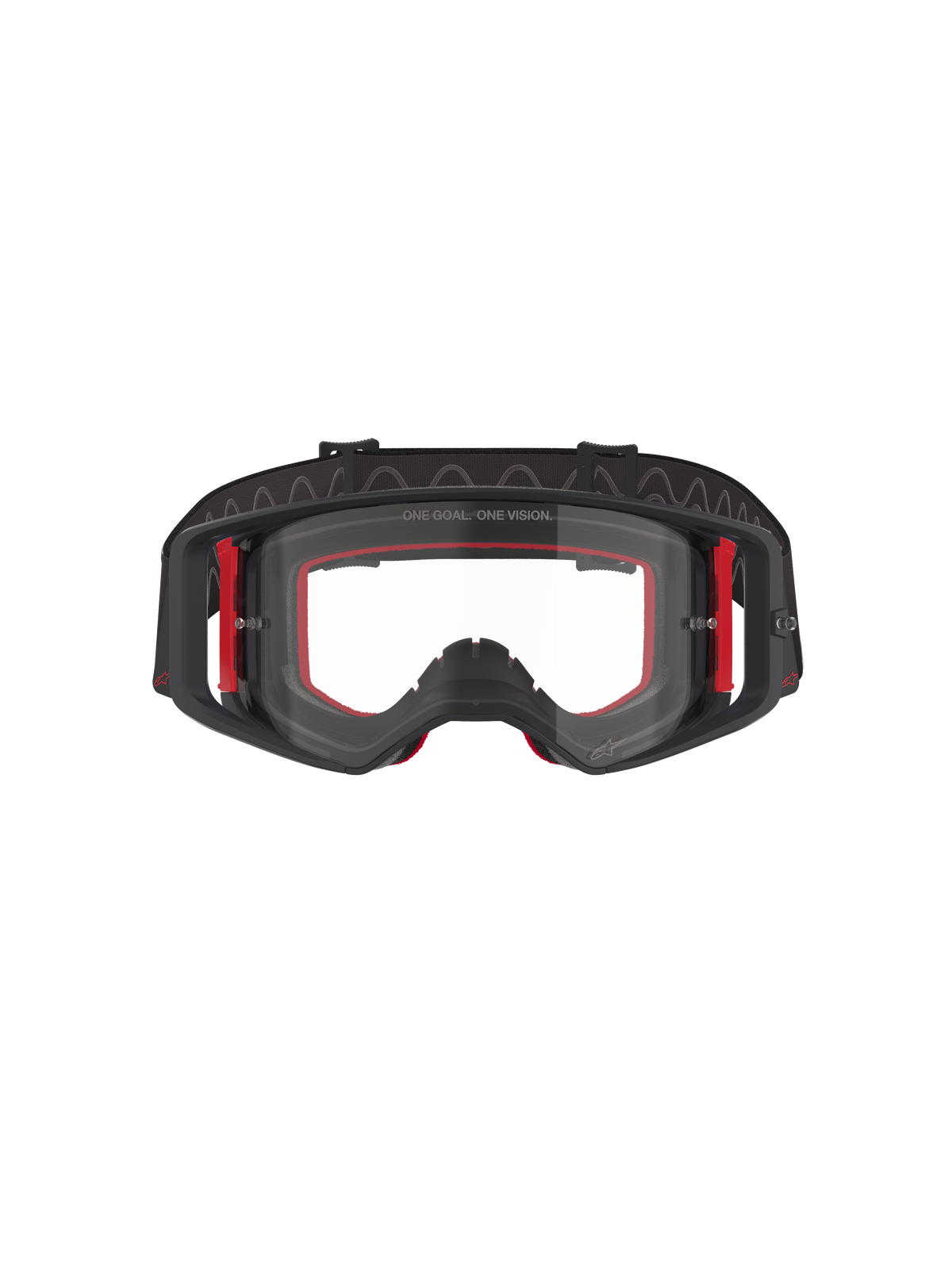 Alpinestars Supertech Corp Goggles, motocrossbriller, sort, rød og klar, set forfra, klar linse med 'ONE GOAL. ONE VISION.' tekst, sort ramme med røde sideaccenter, bredt synsfelt, holdbar rem med bølget silikonegreb