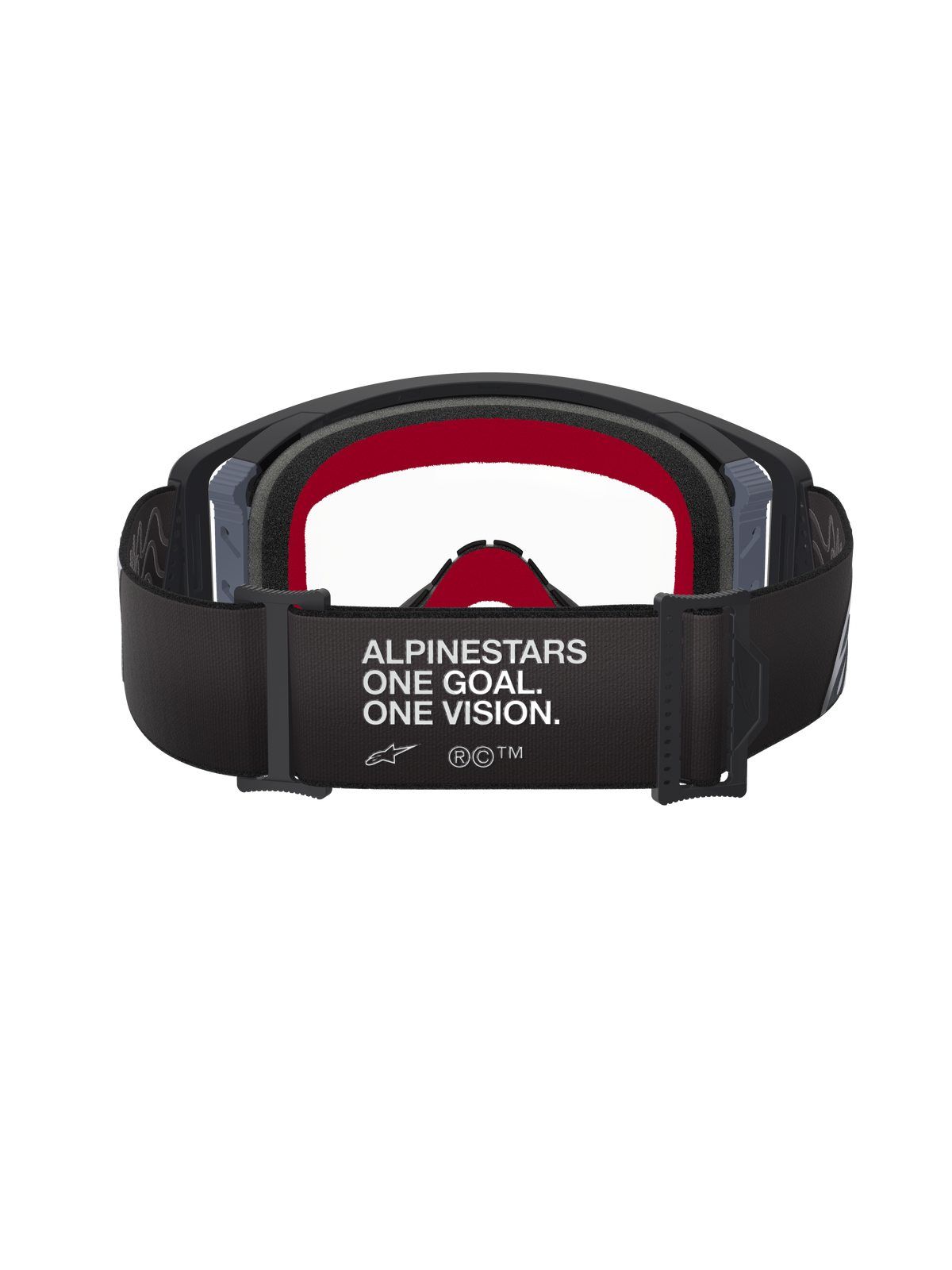 Alpinestars Supertech Corp Goggles, sort og grå, set bagfra viser den brede sorte rem med 'ALPINESTARS ONE GOAL. ONE VISION.' hvid tekst, rødt indvendigt ansigtsskum og klar linse, højtydende motocross-briller