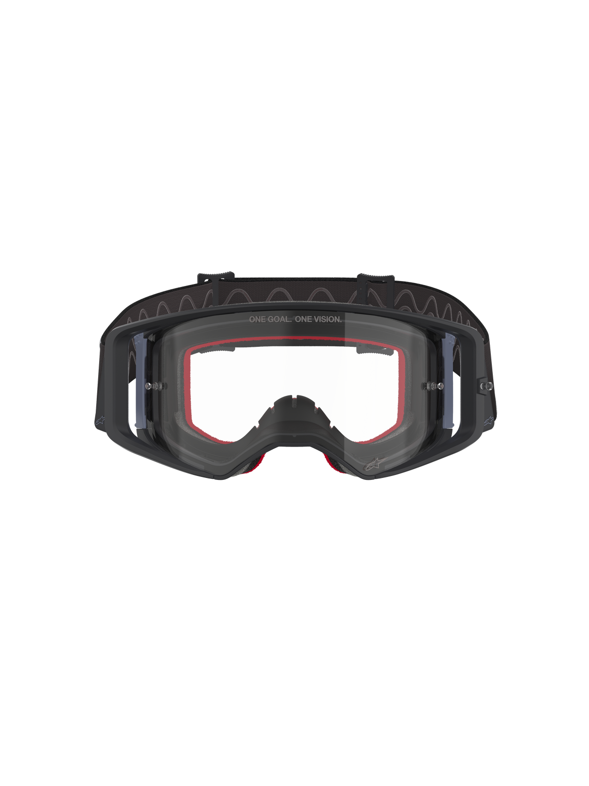 Alpinestars Supertech Corp Goggles, motocross-briller, sort og grå med klar linse, set forfra med rødt indvendigt skum og bred sort justerbar rem, højtydende off-road briller