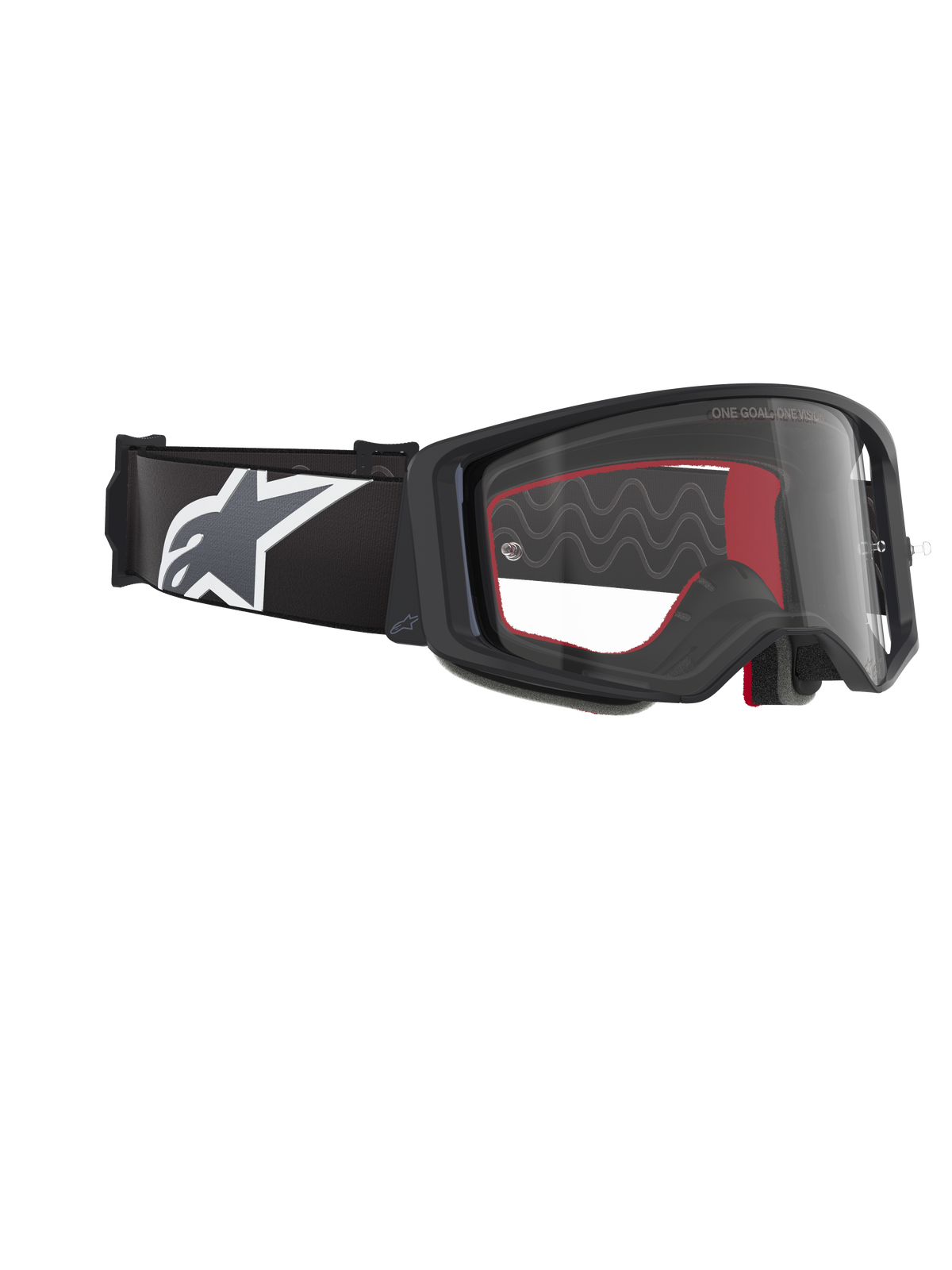 Alpinestars Supertech Corp Goggles, motocross-briller, sort grå klar, med en klar polycarbonat-linse, bred sort rem med gråt og hvidt Astars-logo, 3D-støbt ansigtsskum, højtydende beskyttelsesbriller til off-road racing
