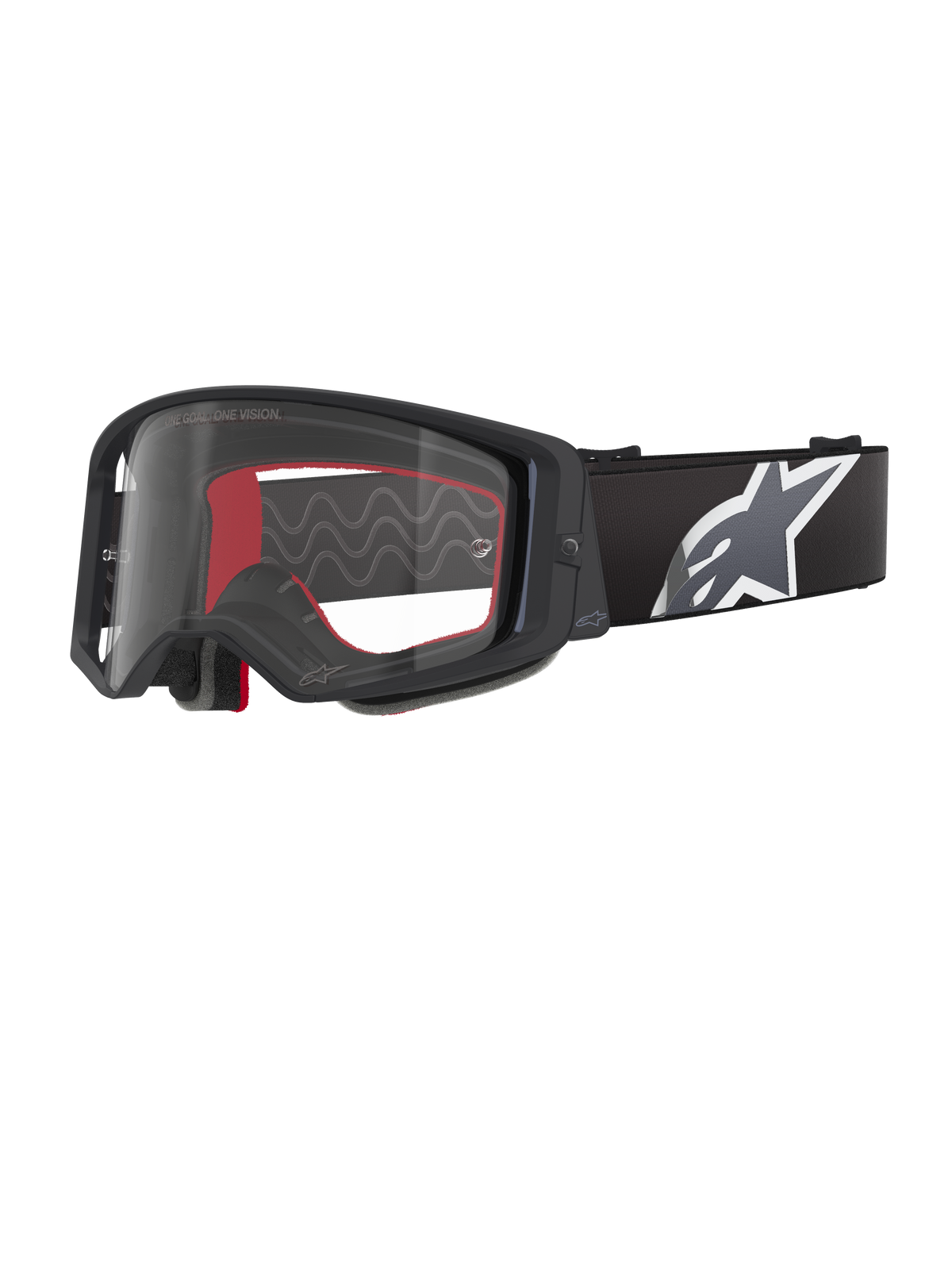 Alpinestars Supertech Corp Goggles, motocross-briller, sort, grå og klar, klar polycarbonat-linse med sort ramme, rødt indvendigt ansigtsskum, bred justerbar rem med stort hvidt og gråt Astars-logo, beskyttende off-road briller