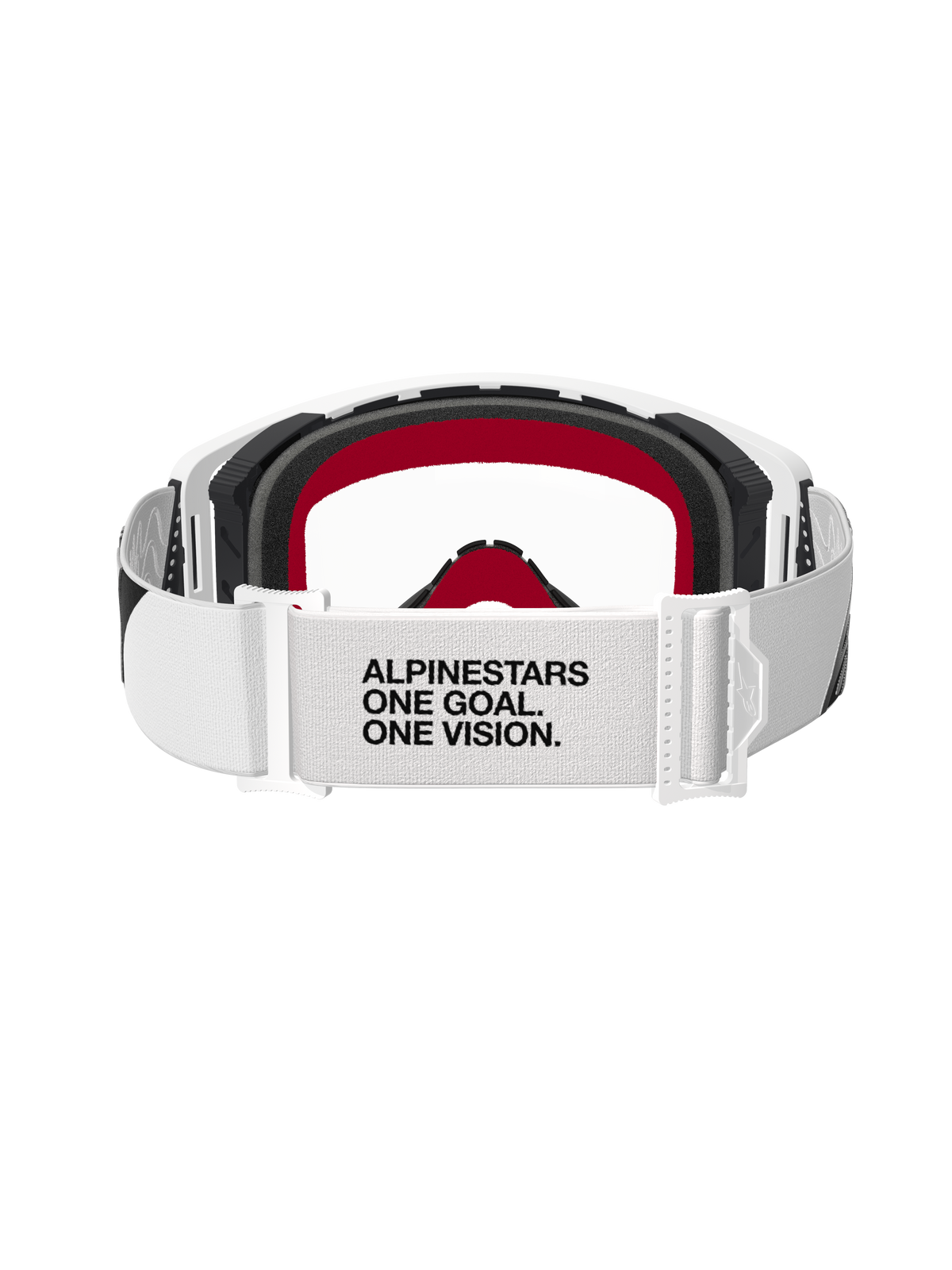 Alpinestars Supertech Corp Goggles, motocrossbriller, hvid ramme med klar linse, set bagfra med hvid justerbar rem med sort tekst 'ALPINESTARS ONE GOAL. ONE VISION.', sort skum med røde detaljer, højtydende off-road beskyttelsesbriller