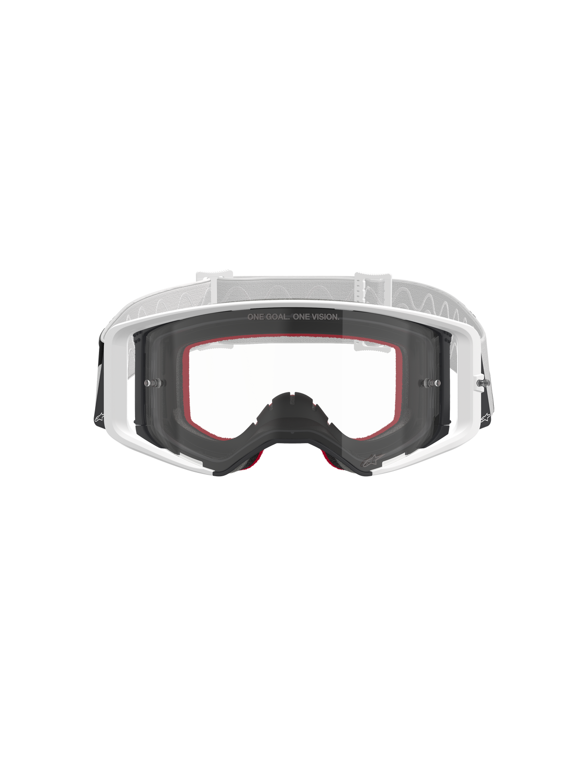 Alpinestars Supertech Corp Goggles, motocross-briller, hvide med klar linse, hvid og lysegrå justerbar rem, med 'ONE GOAL. ONE VISION.' tekst på linsen, røde detaljer på ansigtsskummet, højtydende beskyttelsesudstyr til off-road kørsel