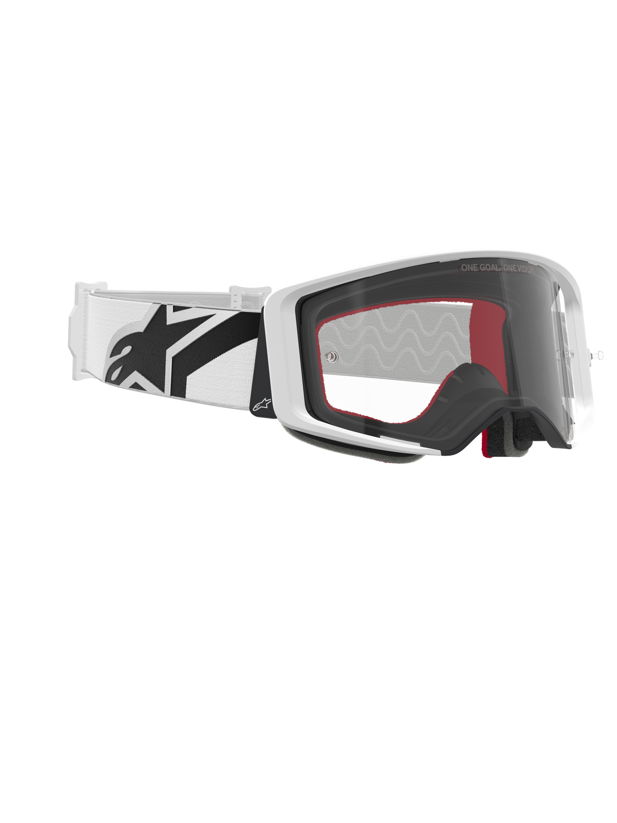 Alpinestars Supertech Corp Goggles, motocross-briller, hvid og klar, hvid rem med stort sort Alpinestars-logo, klar sprøjtestøbt linse, hvid dobbelt-injiceret ramme, performance-briller til off-road racing