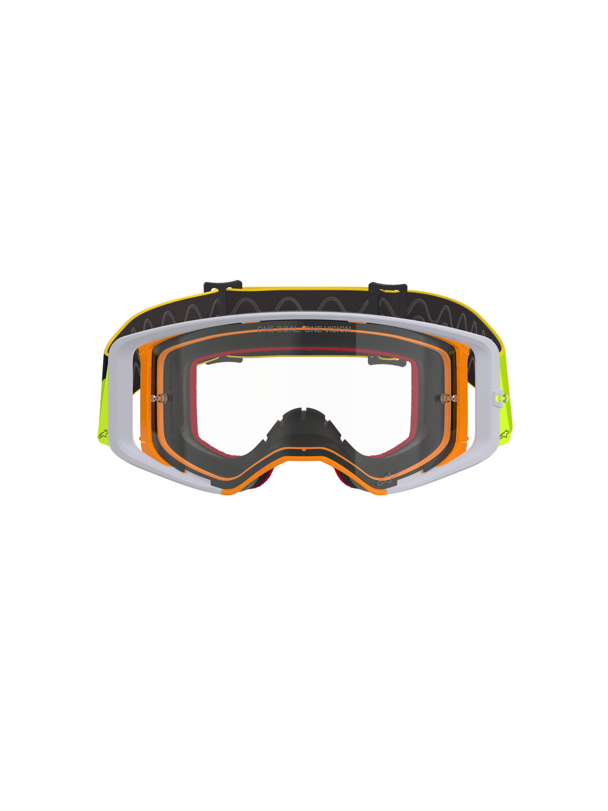 Alpinestars Supertech Corp Goggles, motocross-briller, fluorgul og hvid ramme med klar linse, grå detaljer, sort justerbar rem med gul branding og indvendigt silikonegreb, højtydende briller til terrænkørsel