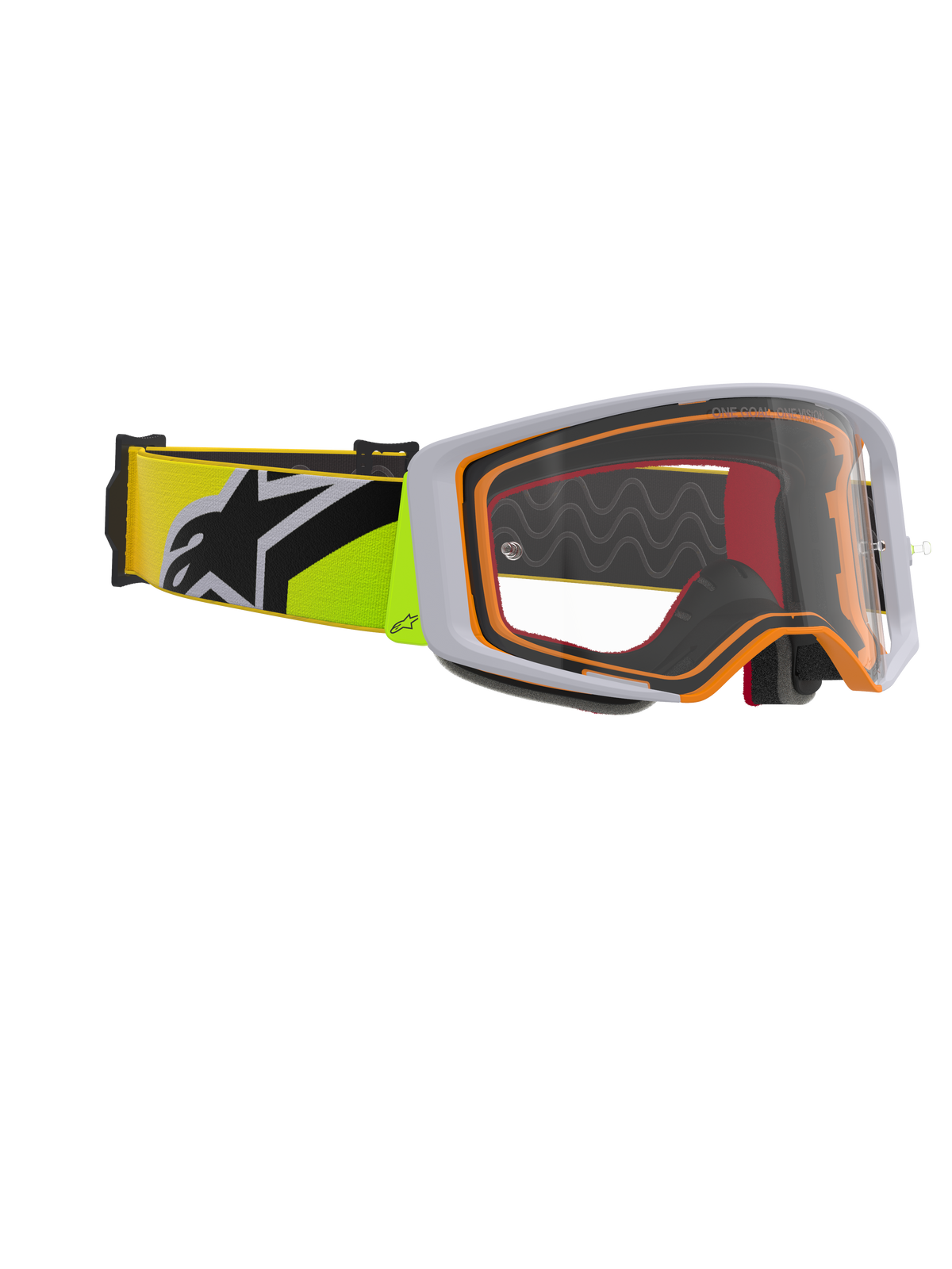Alpinestars Supertech Corp Goggles, motocross-briller, fluorgul og grå, klar linse med orange rammedetaljer, med en fluorgul rem med sort Alpinestars-logo til off-road racing