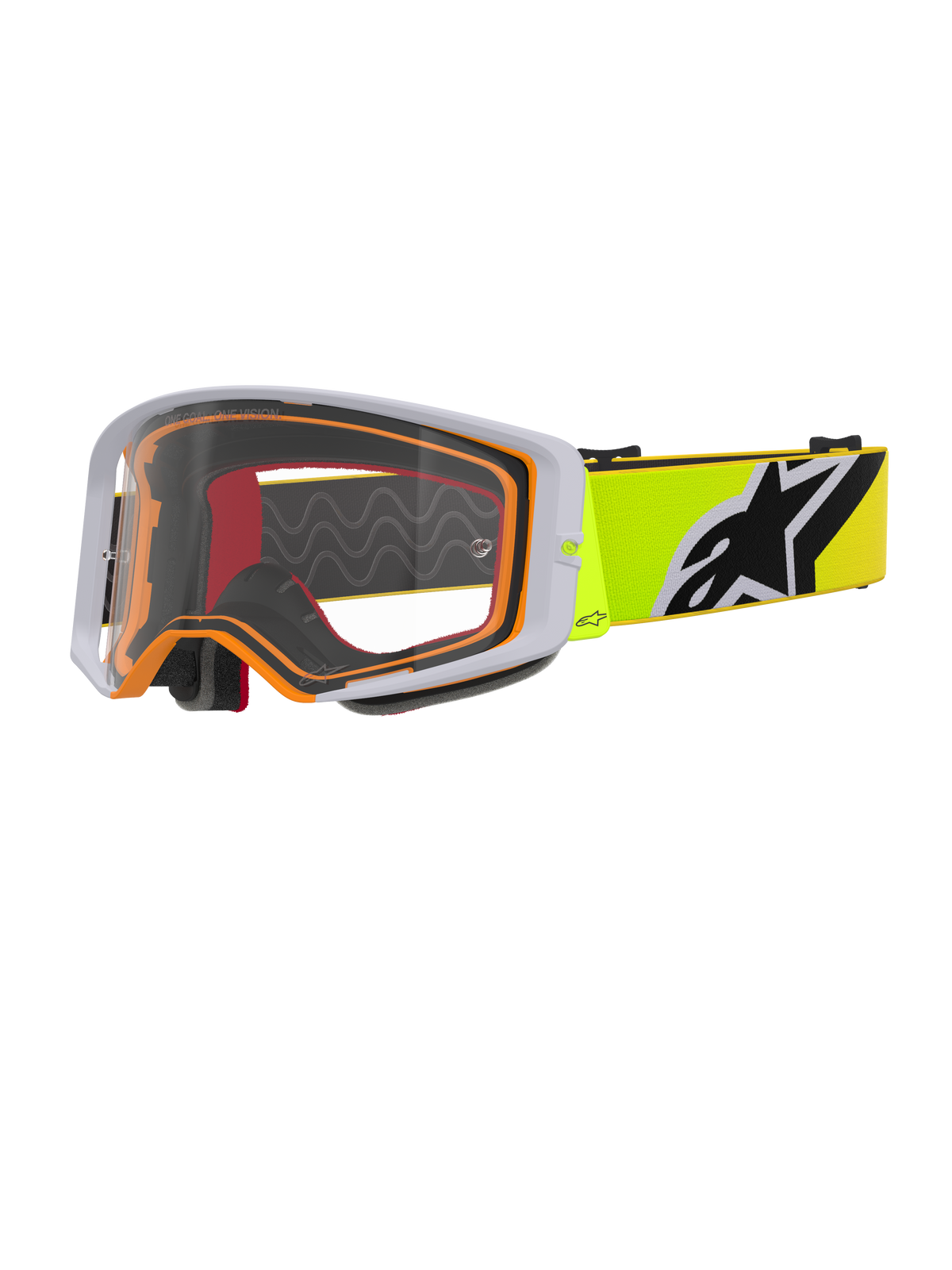 Alpinestars Supertech Corp Goggles, motocross-briller, Fluo Yellow Grey Clear, grå ydre ramme med orange indvendig tætning, klar linse, neongul rem med sort og hvidt Alpinestars-logo, højtydende briller til off-road-kørsel