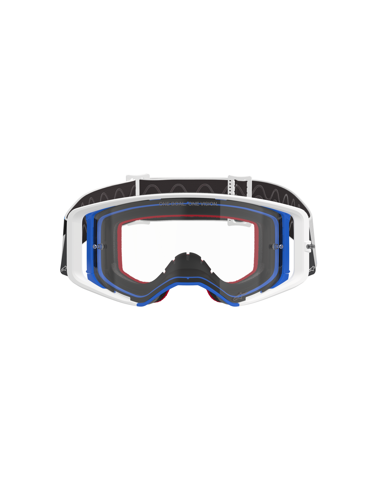 Alpinestars Supertech Corp Goggles, motocross-briller, blå, hvid og orange med klar linse, sort rem med hvidt logo, professionelle off-road racing-briller med bredt synsfelt og dobbelt-injiceret rammedesign