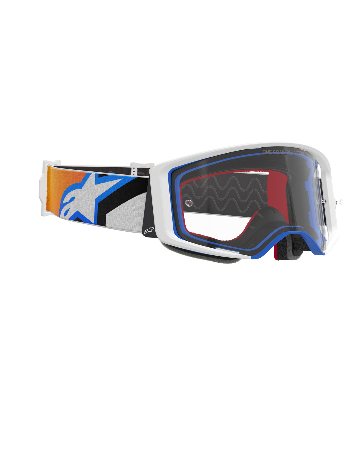 Alpinestars Supertech Corp Goggles, motocross-briller, blå, orange og klar, sidevisning der viser klar linse, hvid ramme med blå og røde detaljer, og bred rem med orange og blå grafik og stort hvidt Alpinestars-logo.