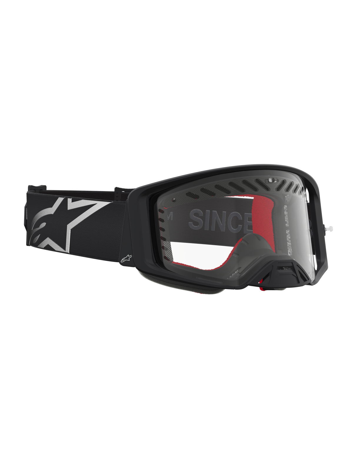 Alpinestars Supertech Dura Air Fluid Goggles, sort og sølv MX-racinggoggles med en klar polycarbonatlinse.