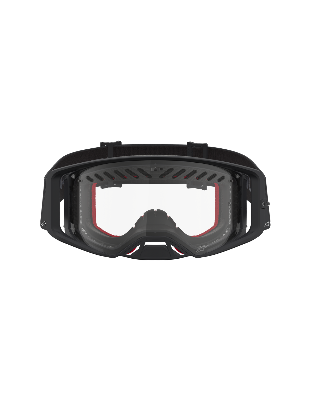 Alpinestars Supertech Dura Air Fluid Goggles, sorte og røde motocross goggles med klar linse og ventileret ramme.