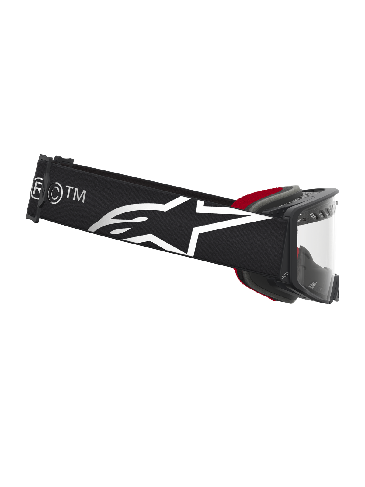 Alpinestars Supertech Dura Air Fluid Goggles, motocross-goggles til terrænkørsel, sort og sølv med hvidt logo på stroppen og klar linse