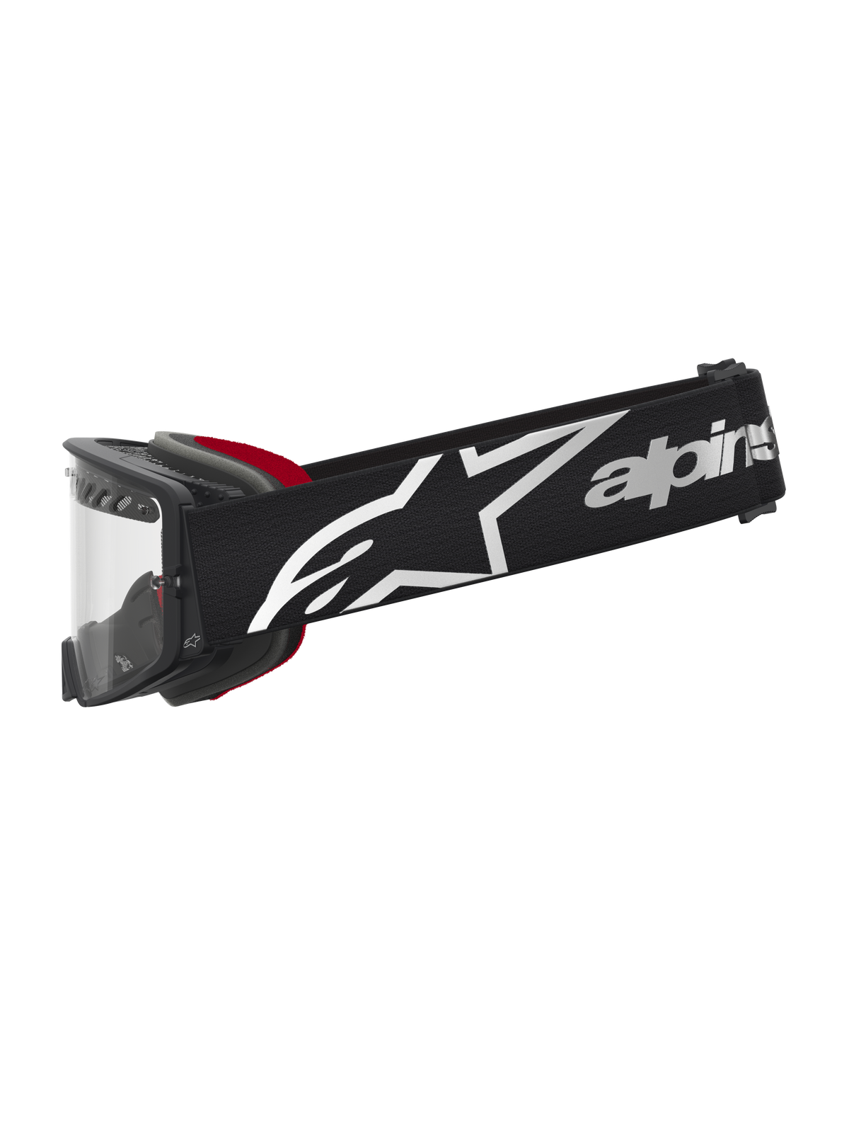 Alpinestars Supertech Dura Air Fluid goggles, sorte og røde motocross-goggles med hvidt logo og klar linse.