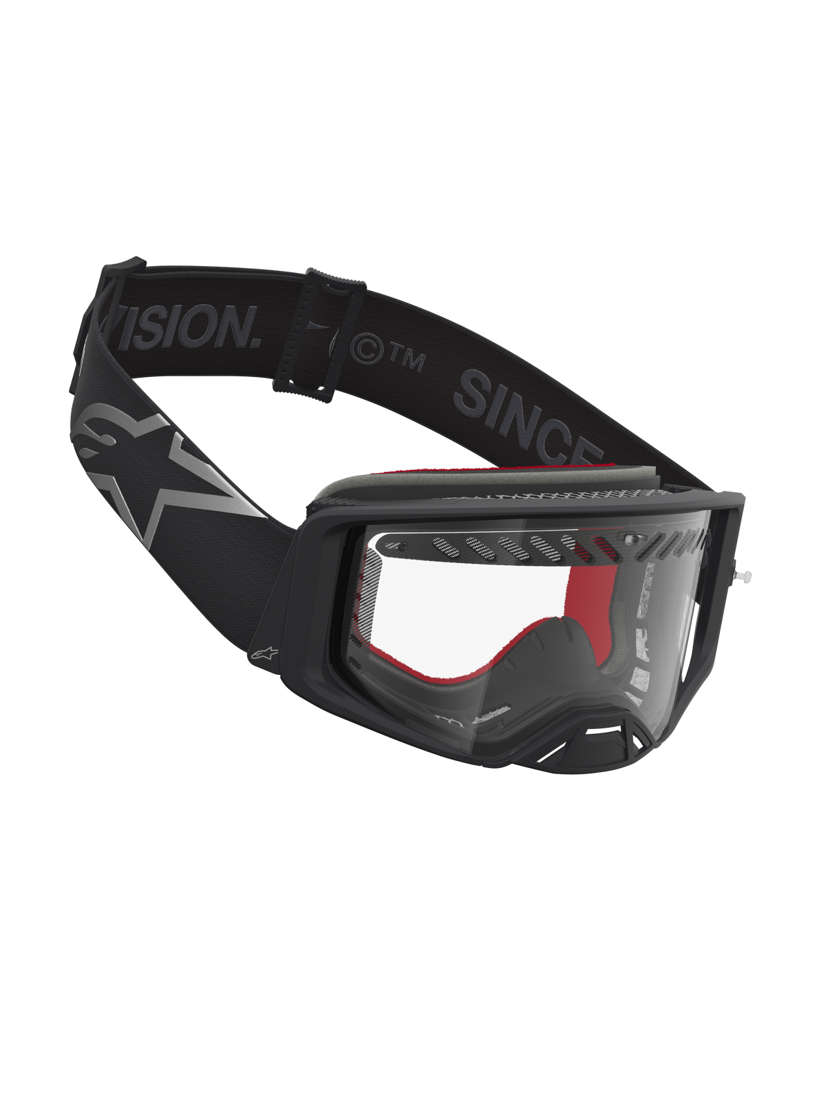 Alpinestars Supertech Dura Air Fluid goggles, professionelle motocross-goggles i sort og sølv med klar polycarbonatlinse.