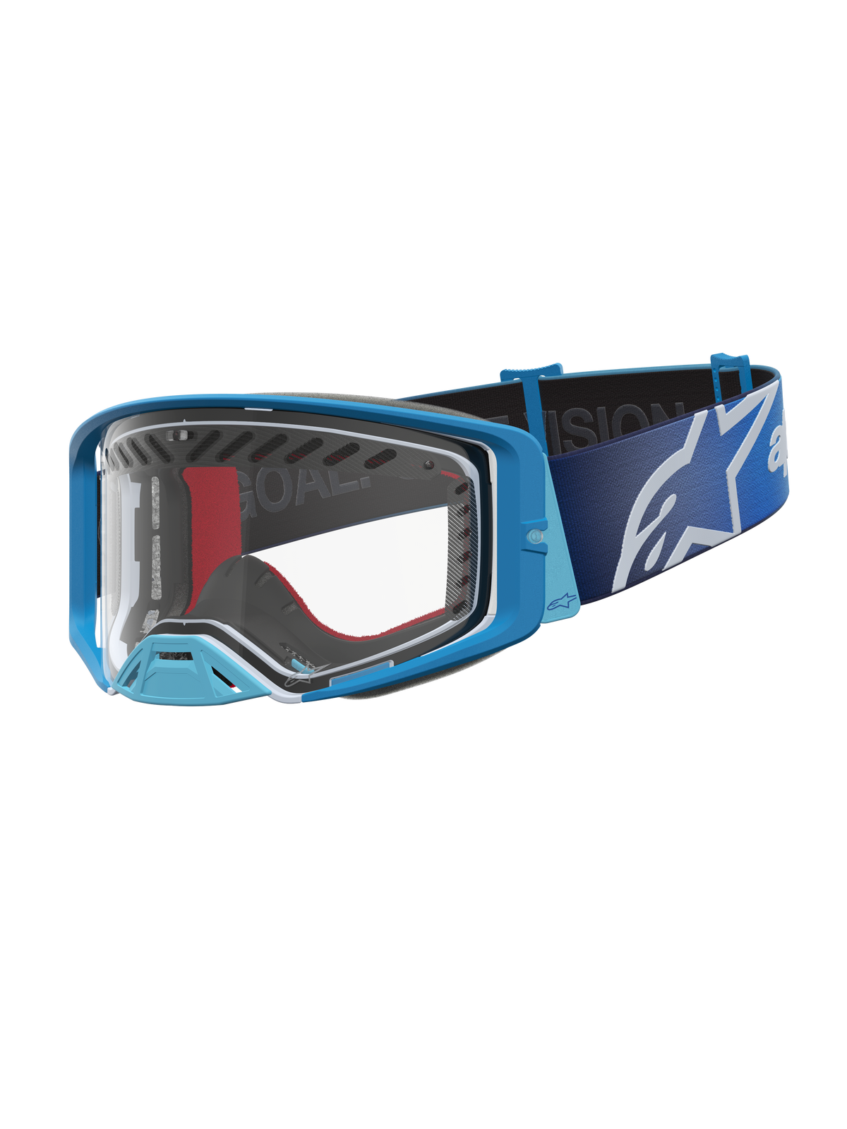 Alpinestars Supertech Dura Air Fluid goggles, motocross-goggles, blå og sølv, klar linse, optimeret til off-road racing og terrænkørsel.