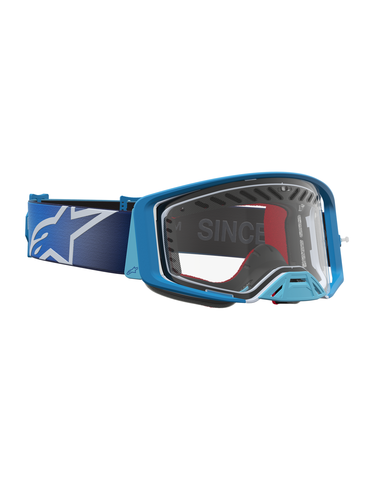 Alpinestars Supertech Dura Air Fluid goggles til motocross, blå og sølv med klar linse og ventileret plastikramme.