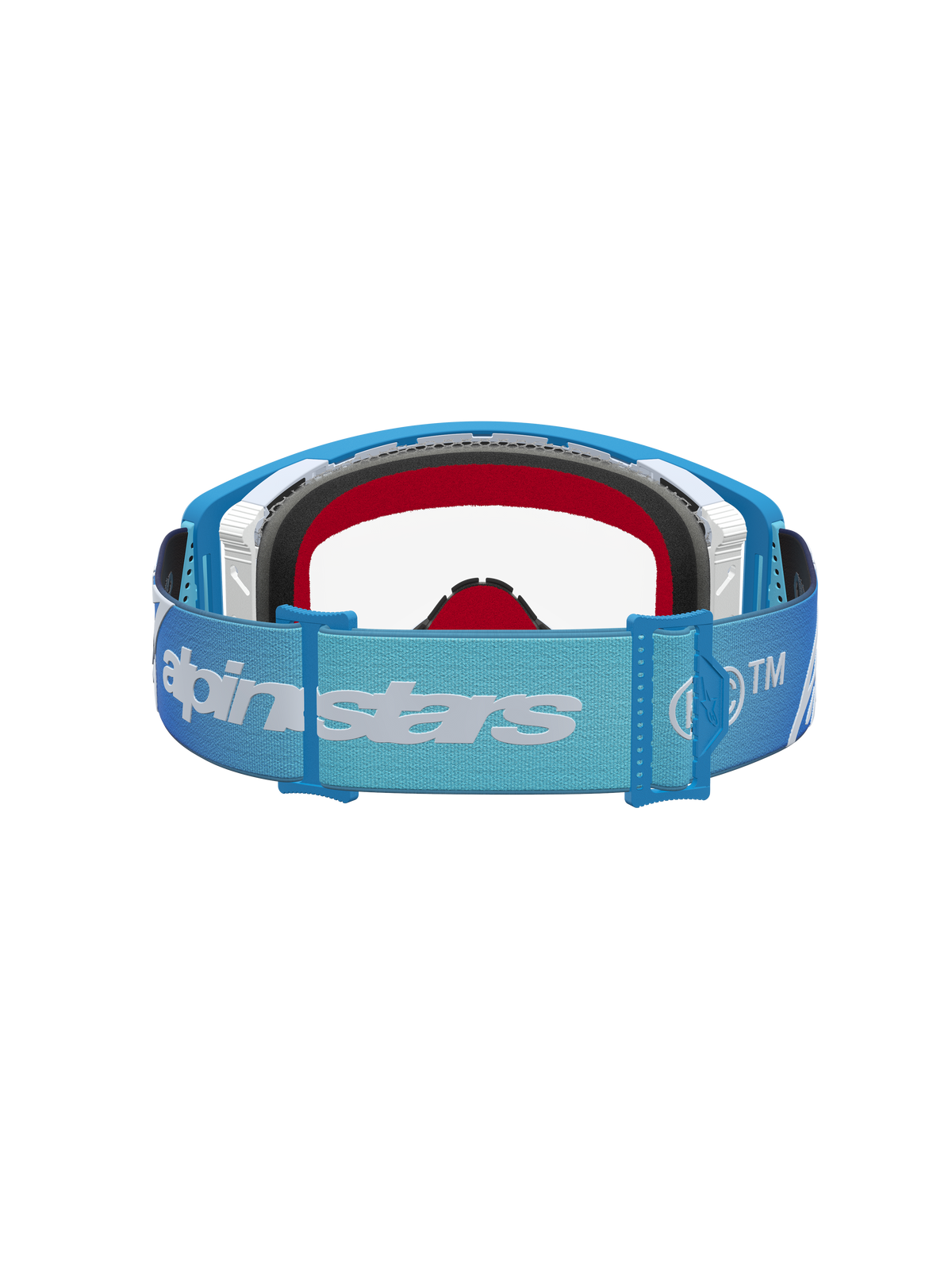 Alpinestars Supertech Dura Air Fluid Goggles, motocross-goggles med blå og sølv ramme, klar linse og justerbar strop med hvidt logo, professionel off-road beskyttelse.