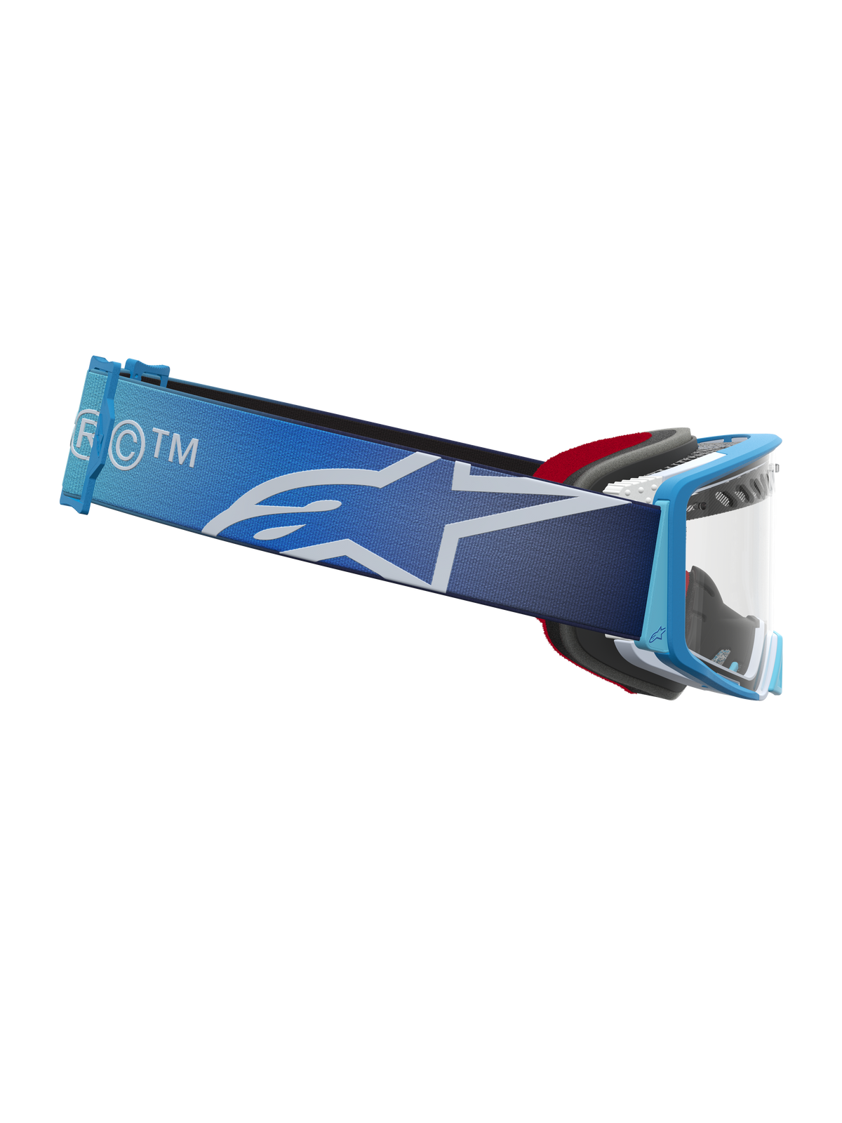 Alpinestars Supertech Dura Air Fluid Goggles, blå fade motocrossbriller med klar linse og bred rem med hvidt stjernelogo, professionelt off-road racerudstyr