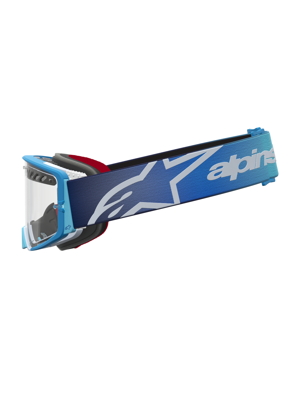 Alpinestars Supertech Dura Air Fluid Goggles, motocrossgoggles, blå fade, klar linse, logo-rem, udstyr til terrænkørsel