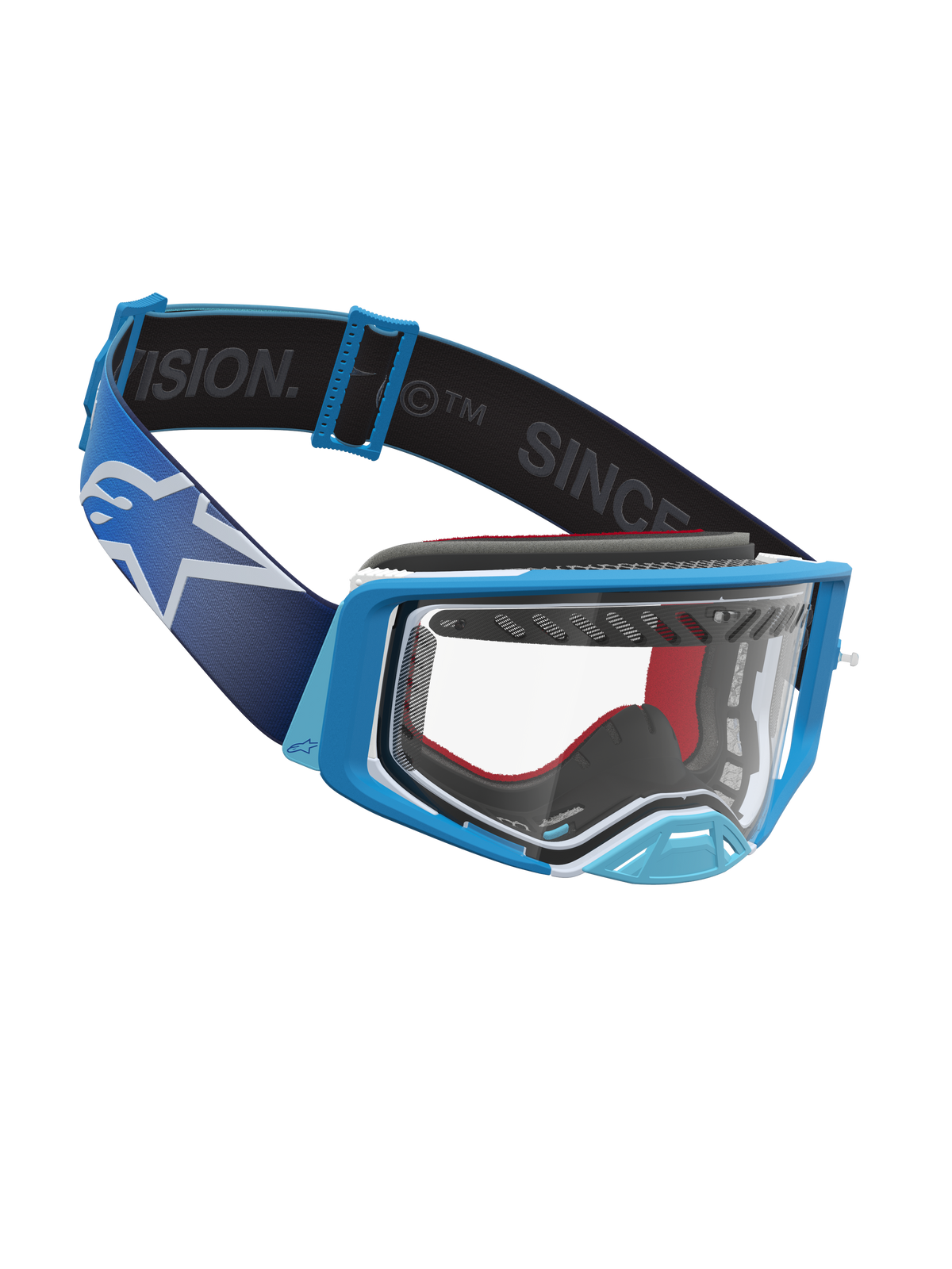 Alpinestars Supertech Dura Air Fluid Goggles, motocross racing, blå og hvid, klar polycarbonatlinse, bred rem