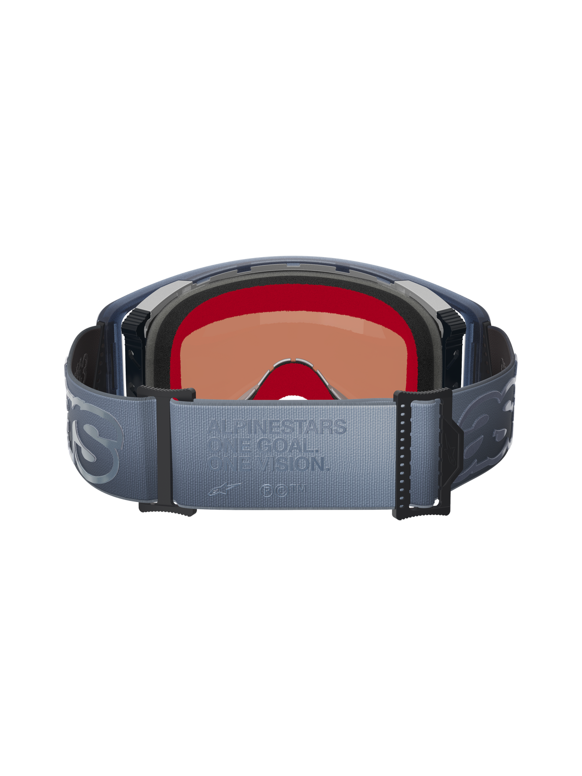 Alpinestars Supertech Vision Vista Goggles, set bagfra, blågrå justerbar rem med præget 'ONE GOAL. ONE VISION.' tekst, sort ansigtspolstring i flere lag, indvendigt kig på den tonede linse, designet til motocross-performance